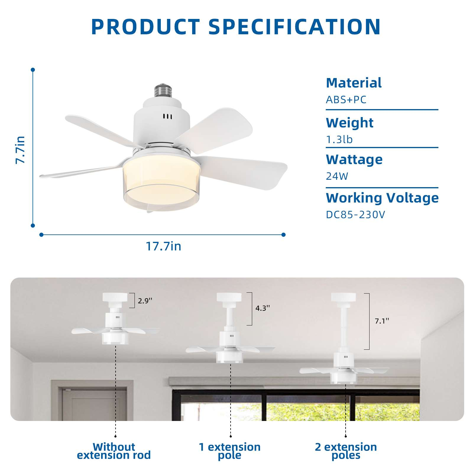 Weiße Deckenventilator mit Licht, Maße 7,7x17,7 Zoll. Spezifikationen: ABS+PC, 0,6kg, 24W, DC85-230V.
