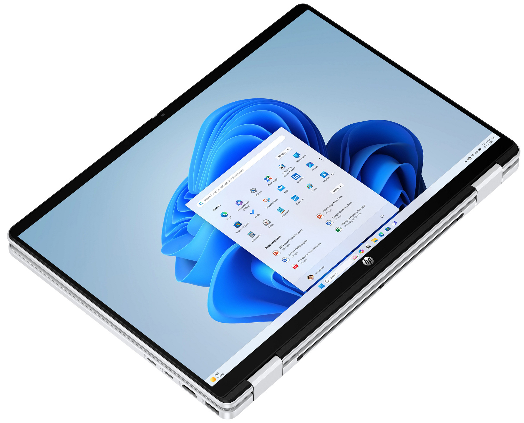 Ein Laptop mit Windows 11 und geöffnetem Startmenü. Ein HP-Logo ist sichtbar.