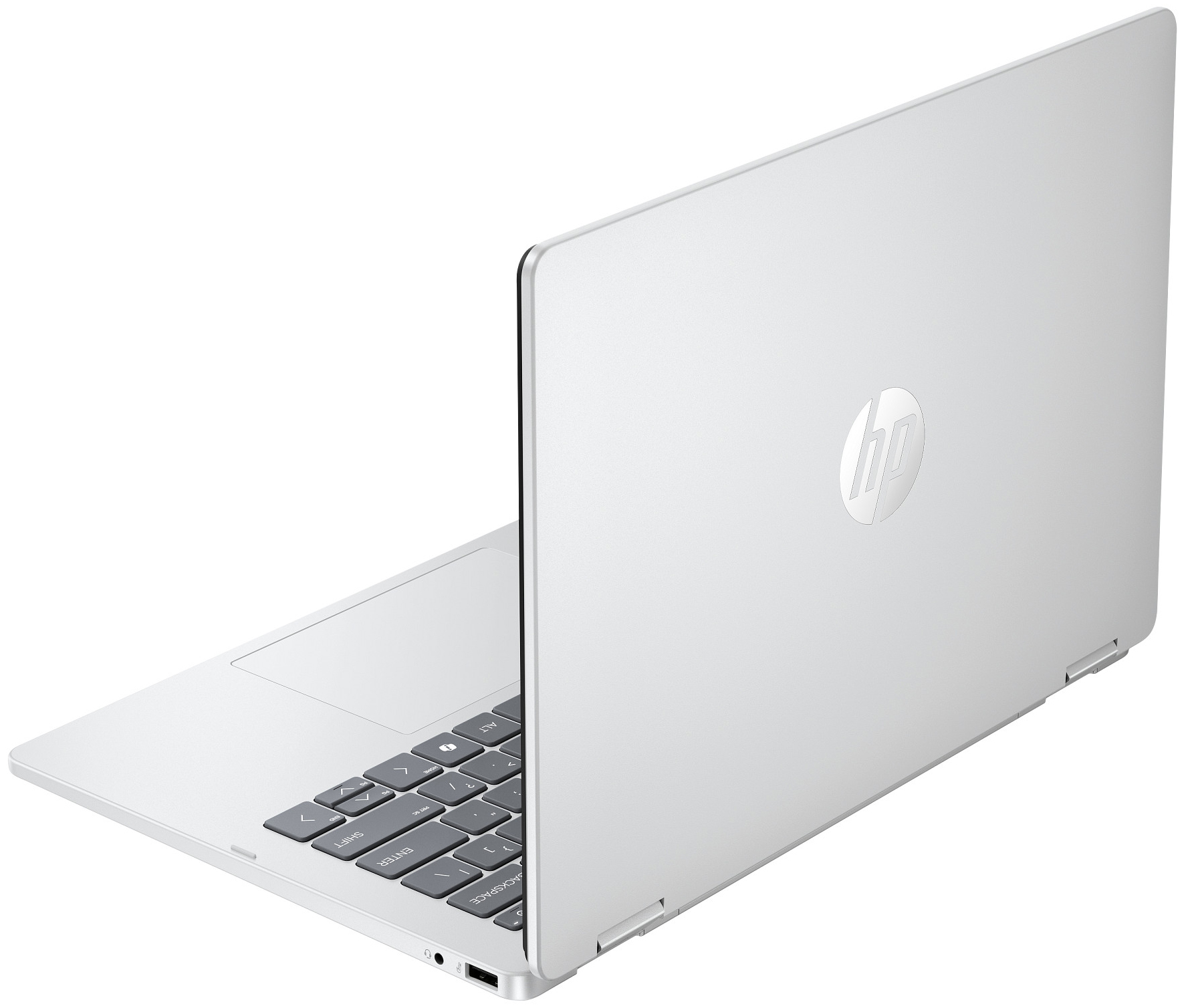 Ein silberner HP Laptop mit Tastatur und Trackpad, auf weißem Hintergrund.