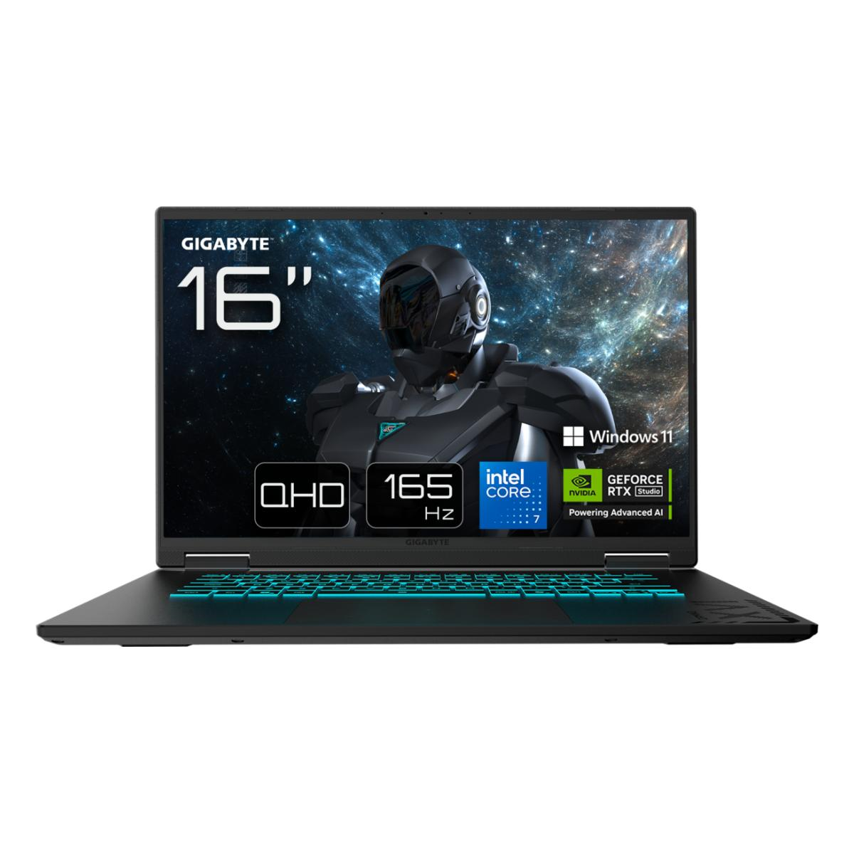 Gigabyte 16" Laptop mit QHD, 165Hz, Intel Core, RTX Studio, Windows 11. Blaue Tastatur.