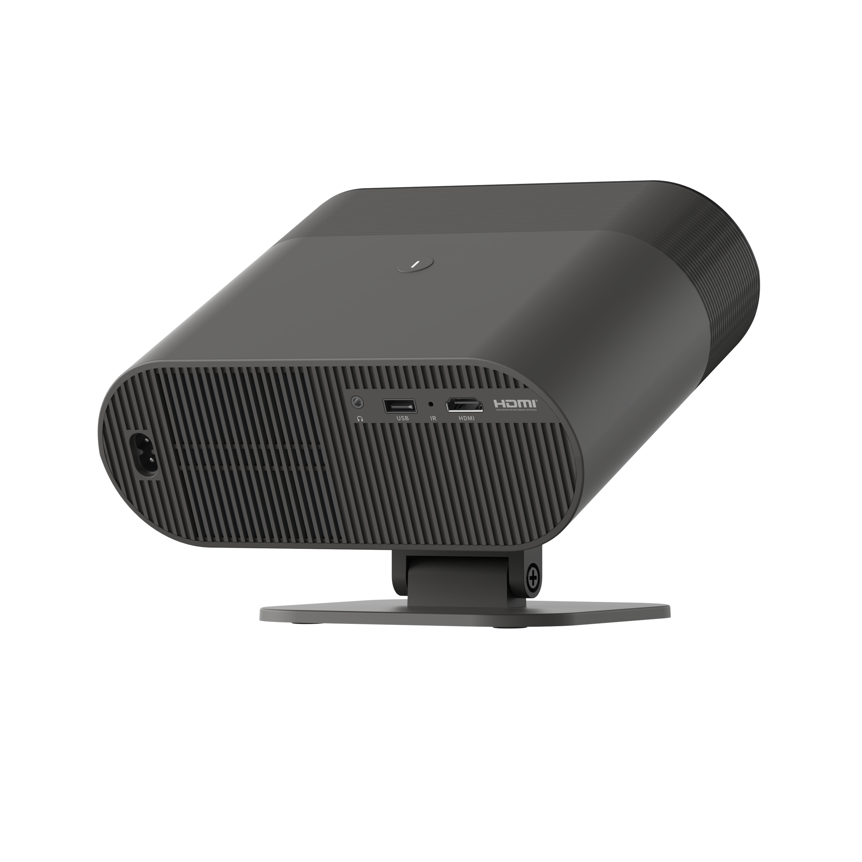 Ein dunkelgrauer Projektor mit Ständer. Sichtbare Anschlüsse: Strom, USB, IR, HDMI.