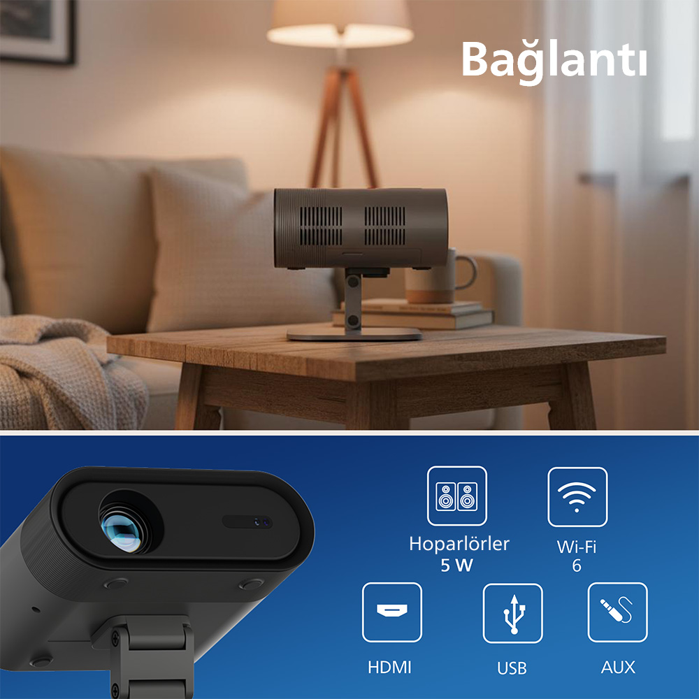 Ein kleiner Projektor steht auf einem Holztisch. Icons zeigen Lautsprecher, Wi-Fi, HDMI, USB, AUX.