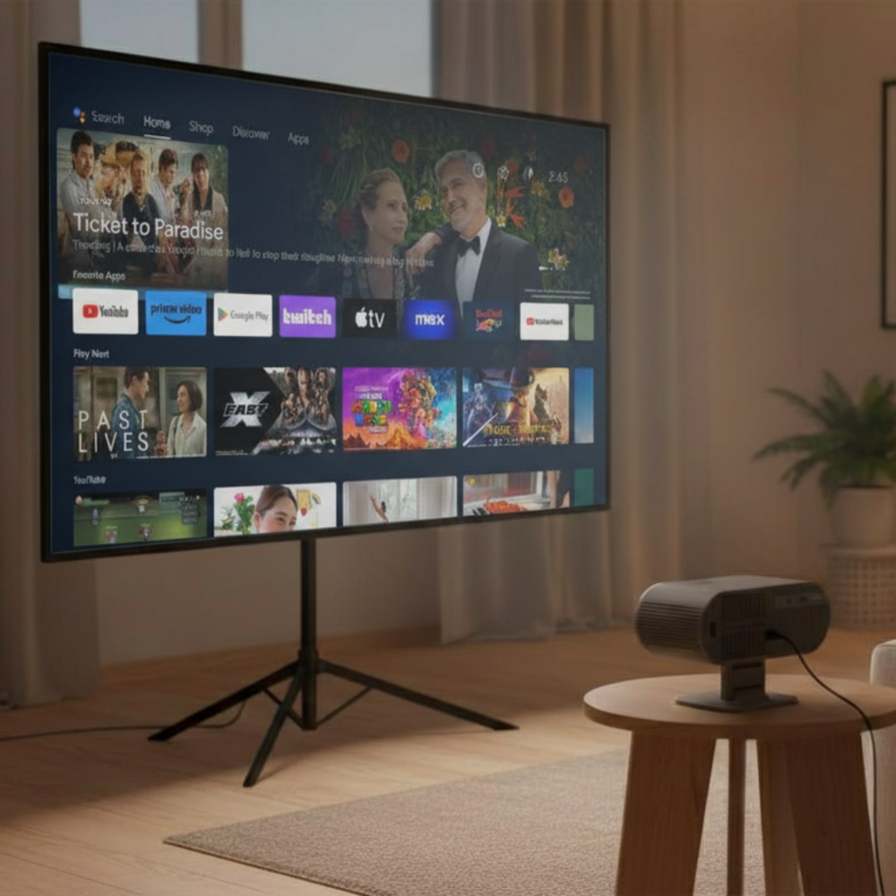 Ein großer Fernseher zeigt eine Streaming-Oberfläche mit Filmplakaten. Ein Projektor steht auf einem Beistelltisch.