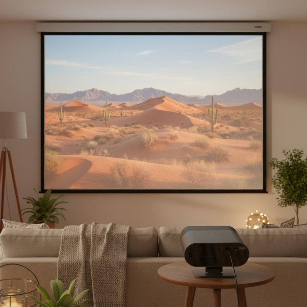 Projektor zeigt Wüstenlandschaft mit Kakteen. Sofa im Vordergrund.