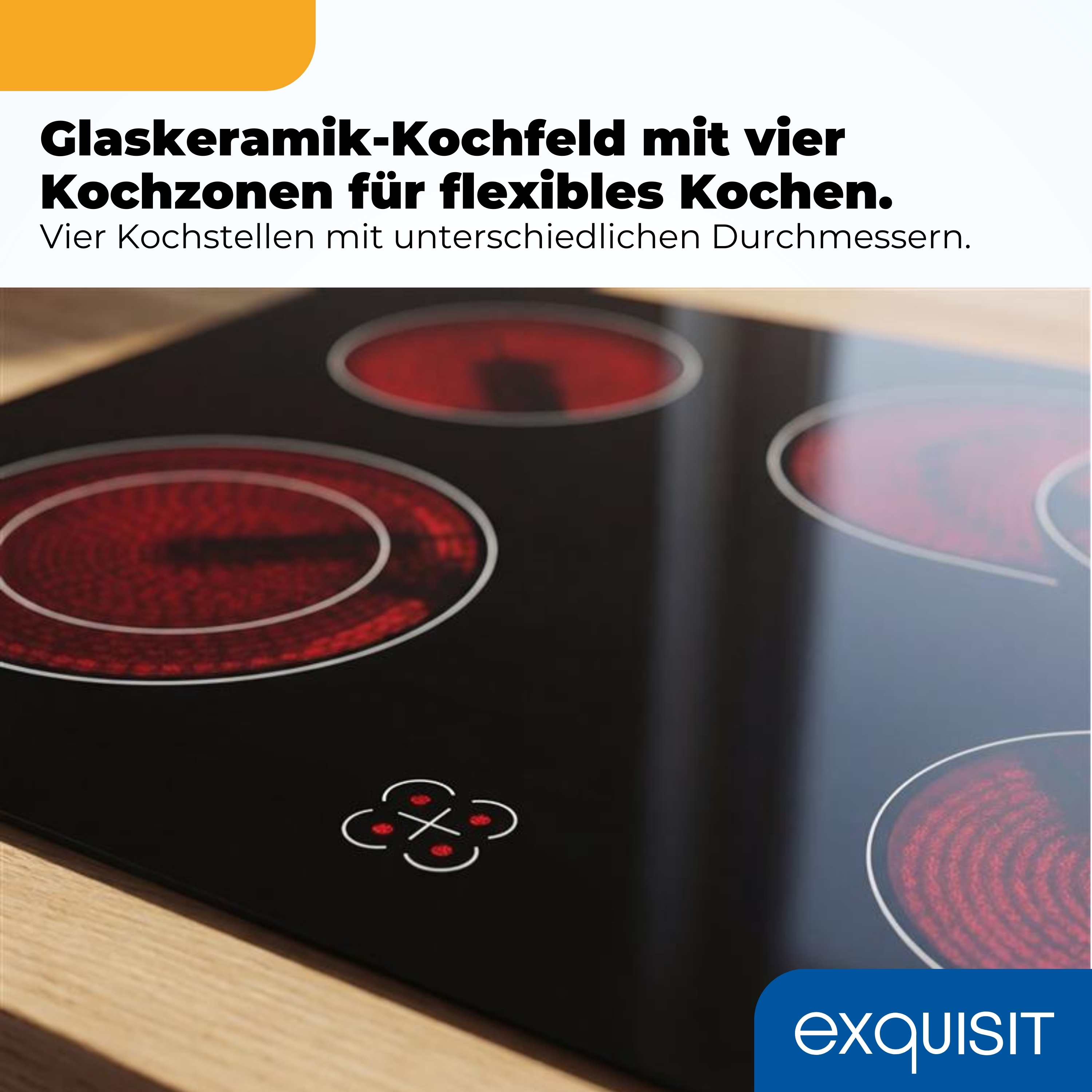 Ein Glaskeramik-Kochfeld mit vier roten Kochzonen und dem Logo "EXQUISIT".