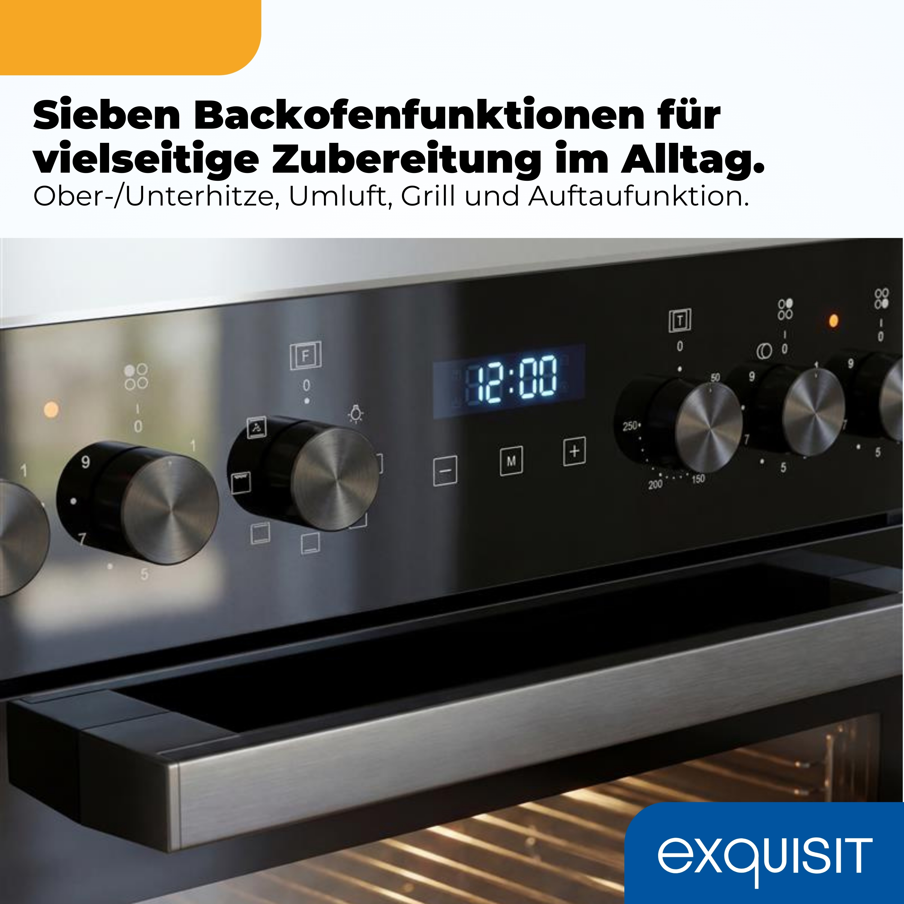Ein moderner Backofen mit digitaler Zeitanzeige und Drehreglern.