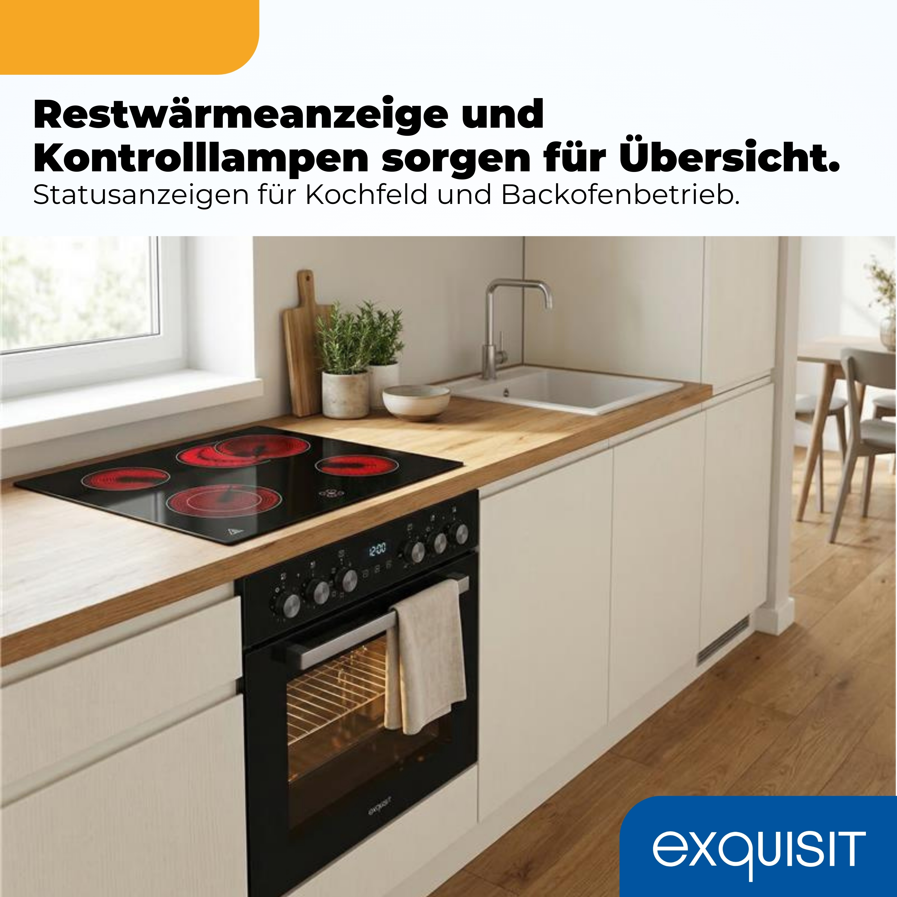 Eine Küche mit einem Cerankochfeld, einem Ofen und einem Waschbecken.