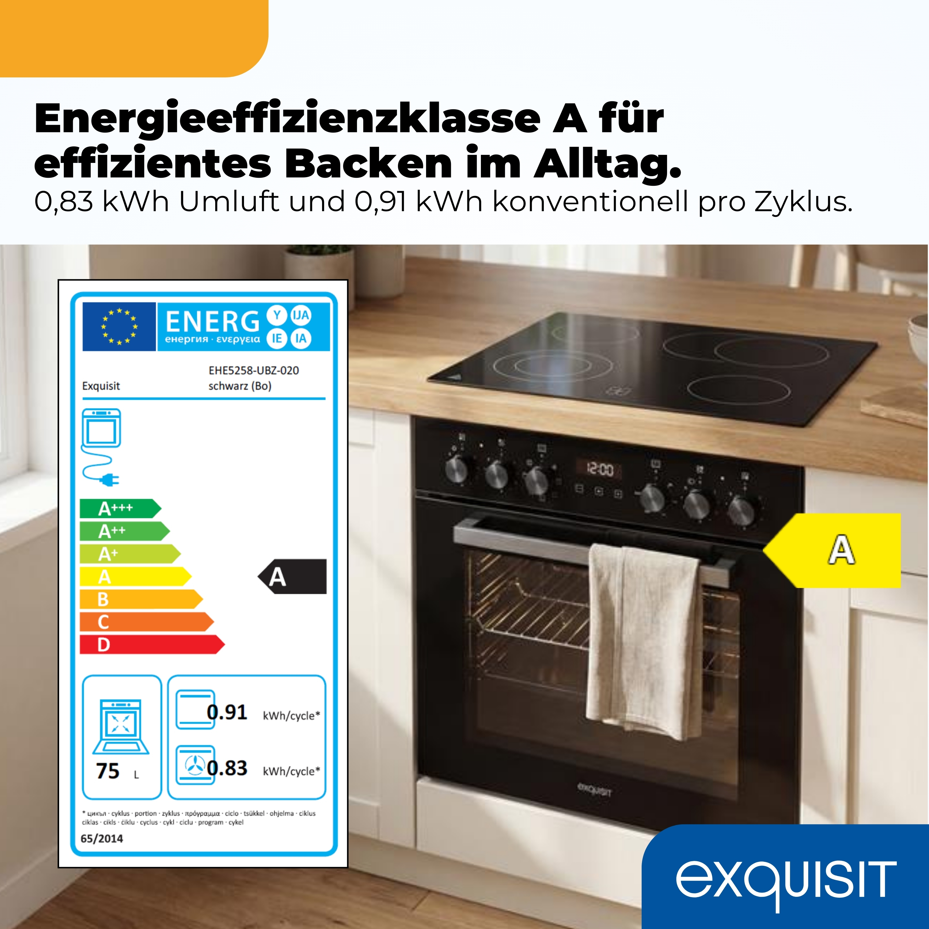 Ein Exquisit Backofen mit Energieeffizienzklasse A, mit Kochfeld und Bedienelementen.