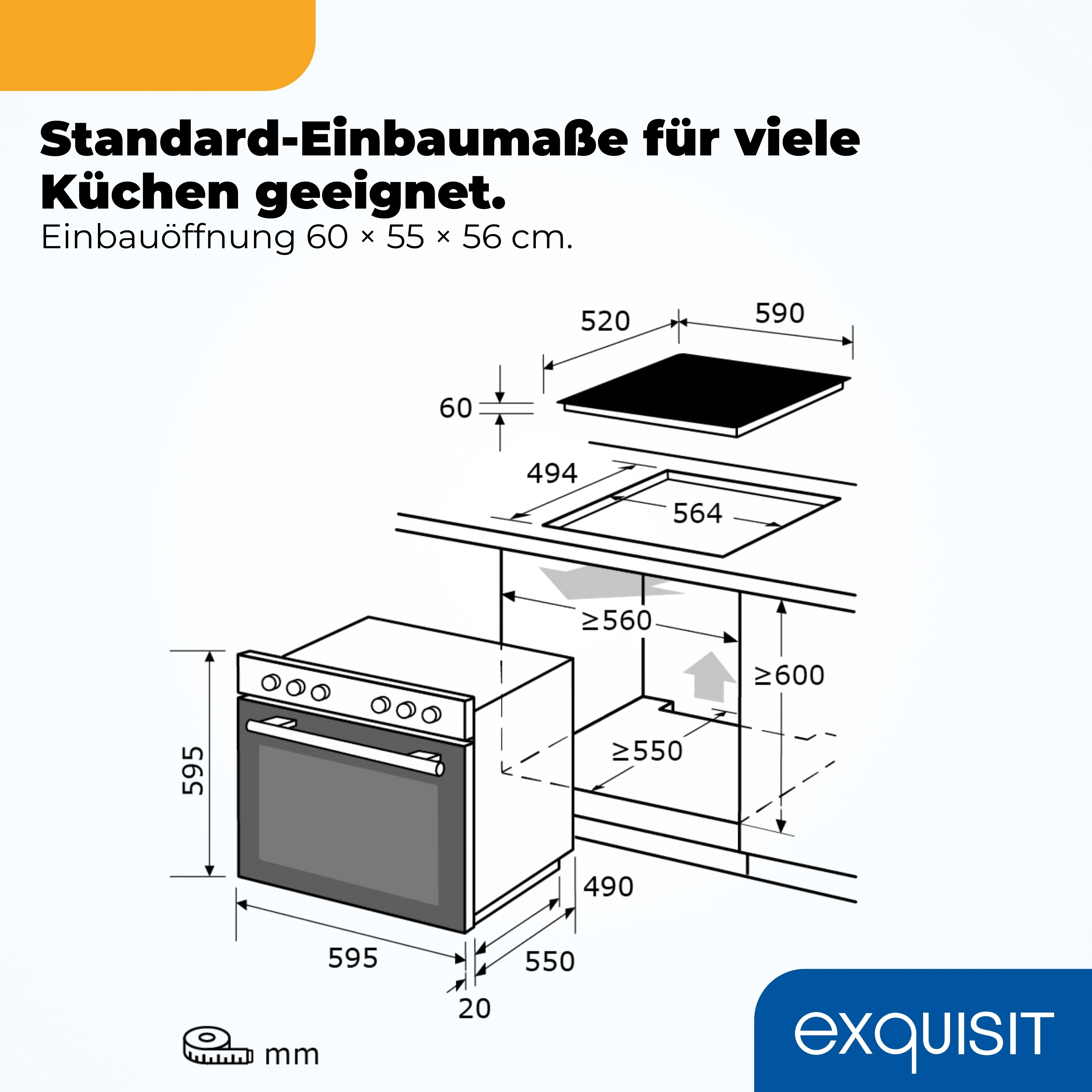Technische Zeichnung eines Einbauherds mit Abmessungen.