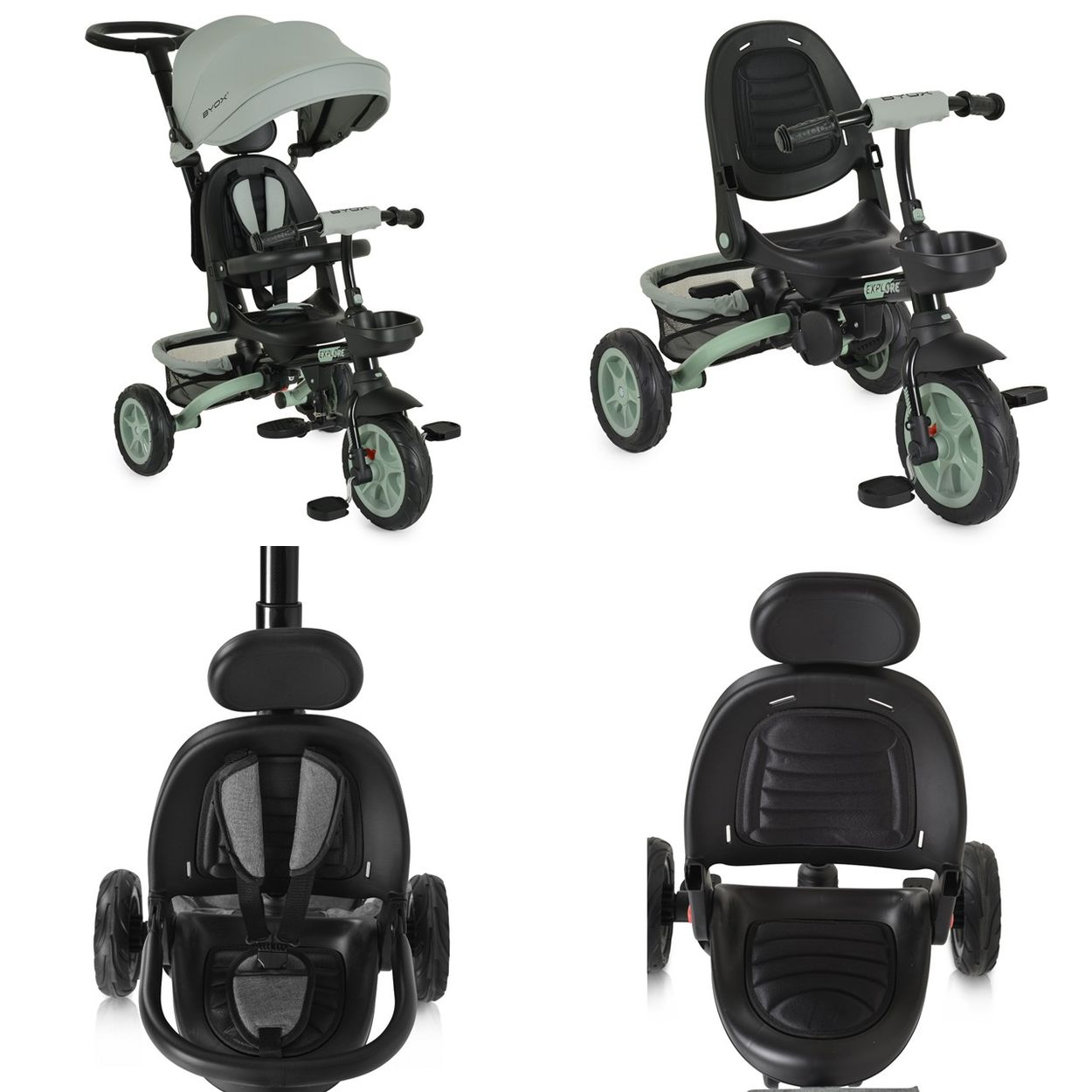 Vier Ansichten eines schwarz-grünen Dreirads für Babys, vorne, seitlich und von hinten.