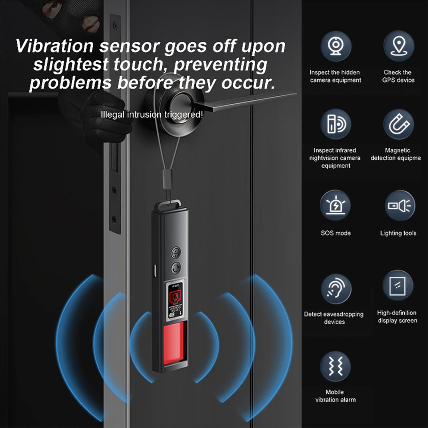Ein schwarzer Türgriff mit einem kleinen Vibrationsalarmgerät daran. Es wird ein Einbruch angezeigt.
