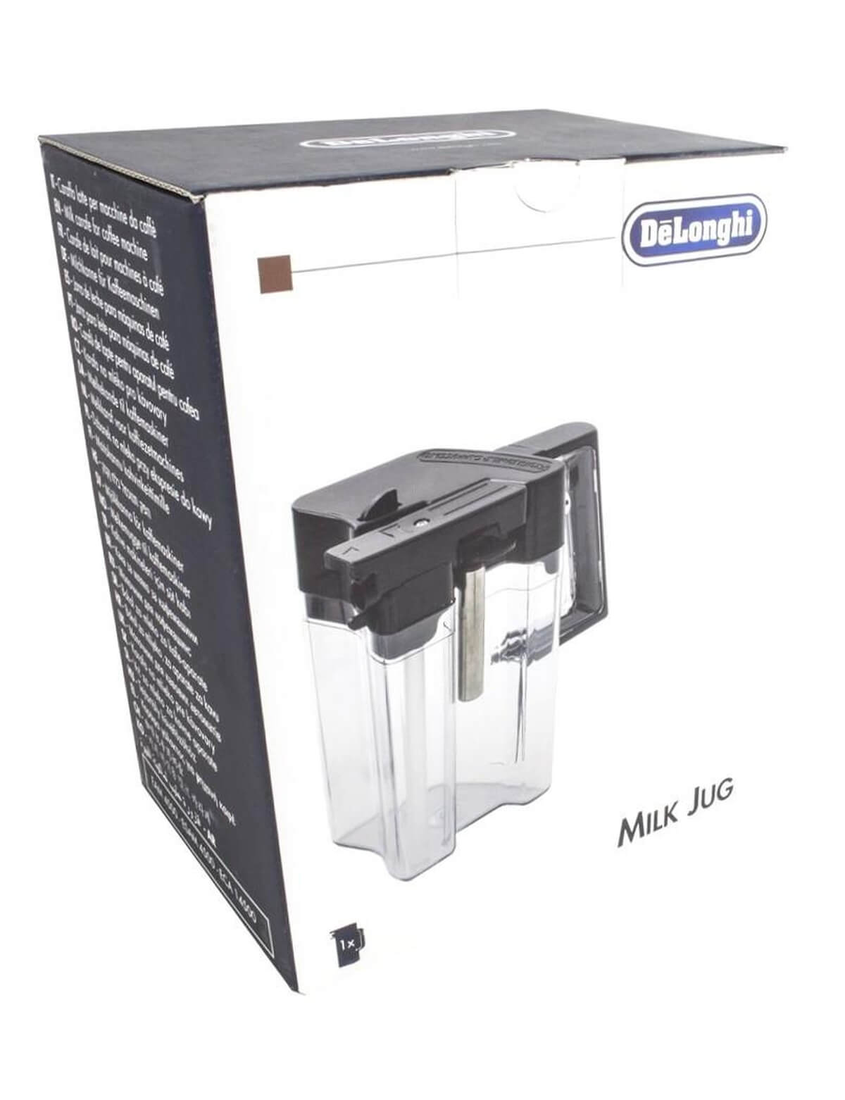 DeLonghi Milchkaraffe auf Kartonverpackung, nahaufnahme.