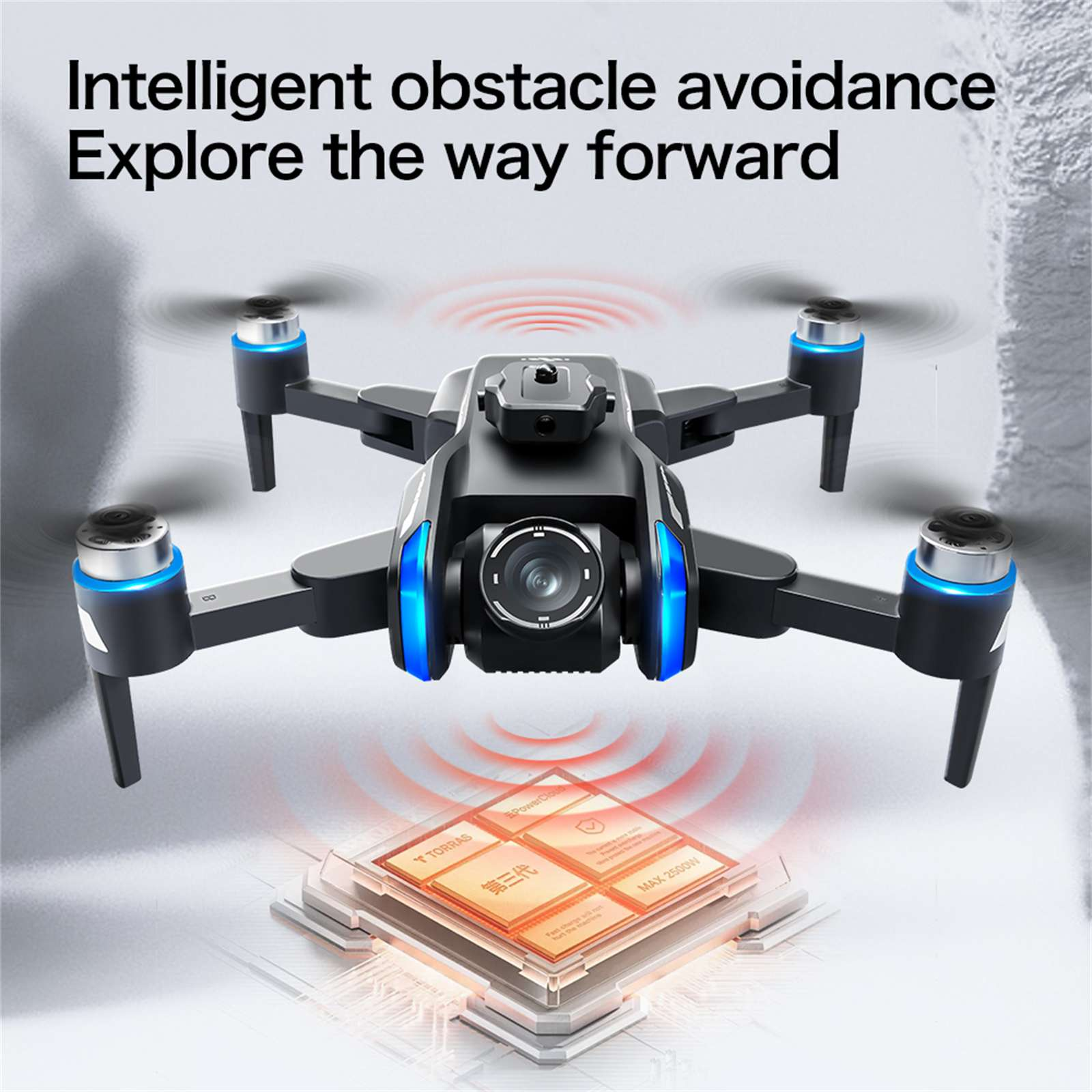 Ein schwarzer Quadrocopter mit blauen Lichtern schwebt über einer simulierten Leiterplatte.