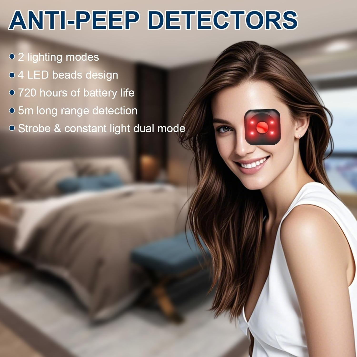 Frau mit Anti-Peep-Detektor auf dem Auge, Hintergrund mit Bett und Text.