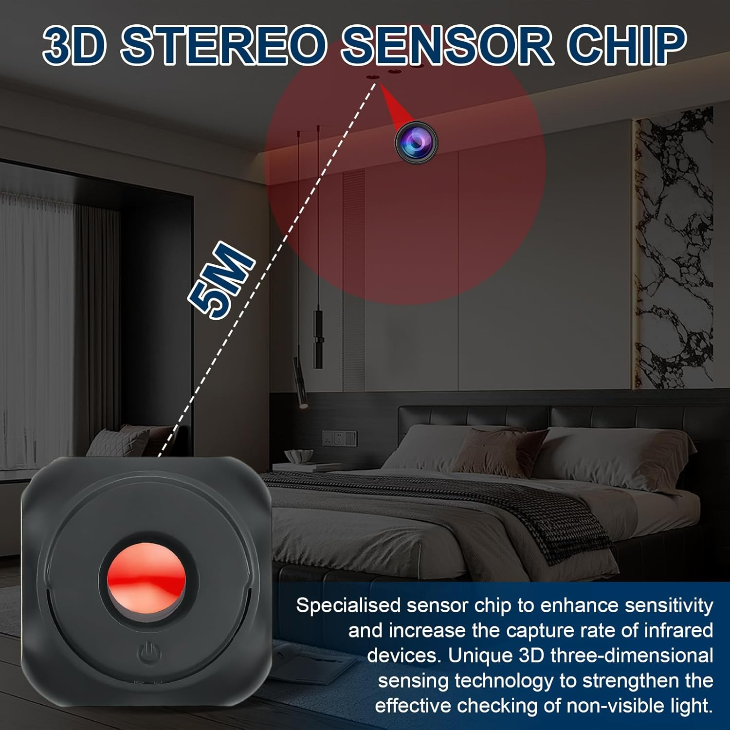 Ein schwarzer Sensor mit rotem Licht daneben, auf einem Bett.