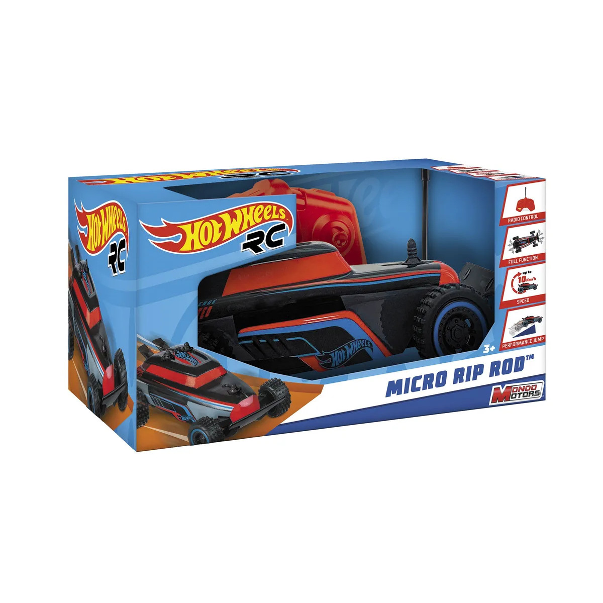 Hot Wheels RC Auto in orange, schwarz und blau in Verpackung.
