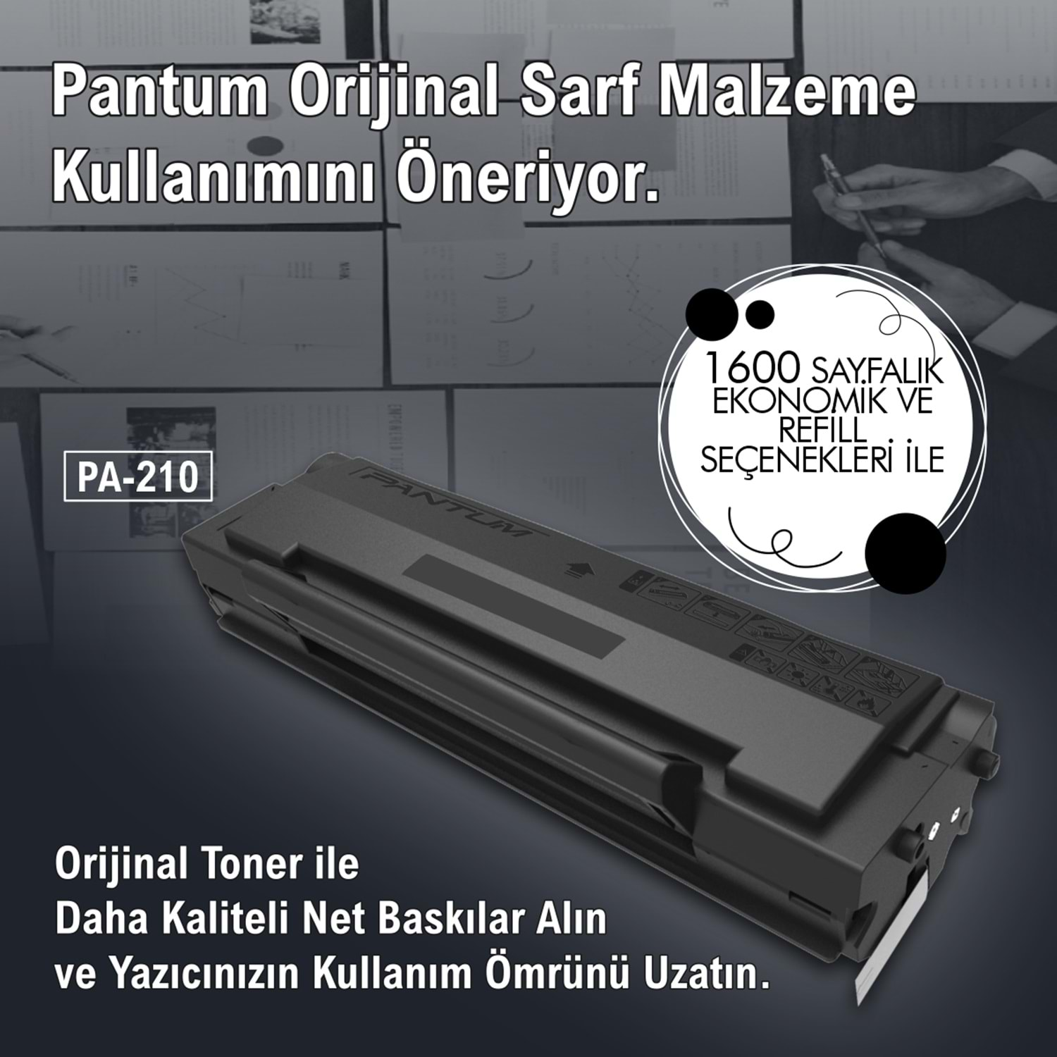 Siyah toner kartuşu, PA-210 modeli, Türkçe metin içerir.