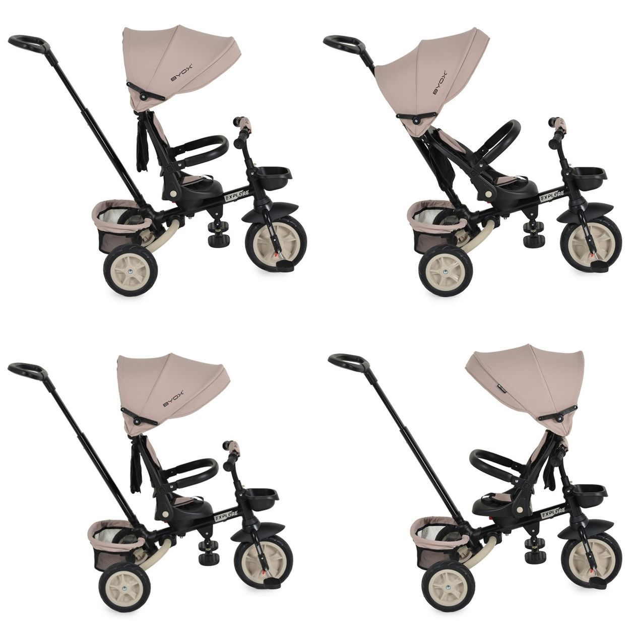 Ein beiger Kinderdreirad mit Sonnendach, Schubstange und Aufbewahrungskorb.