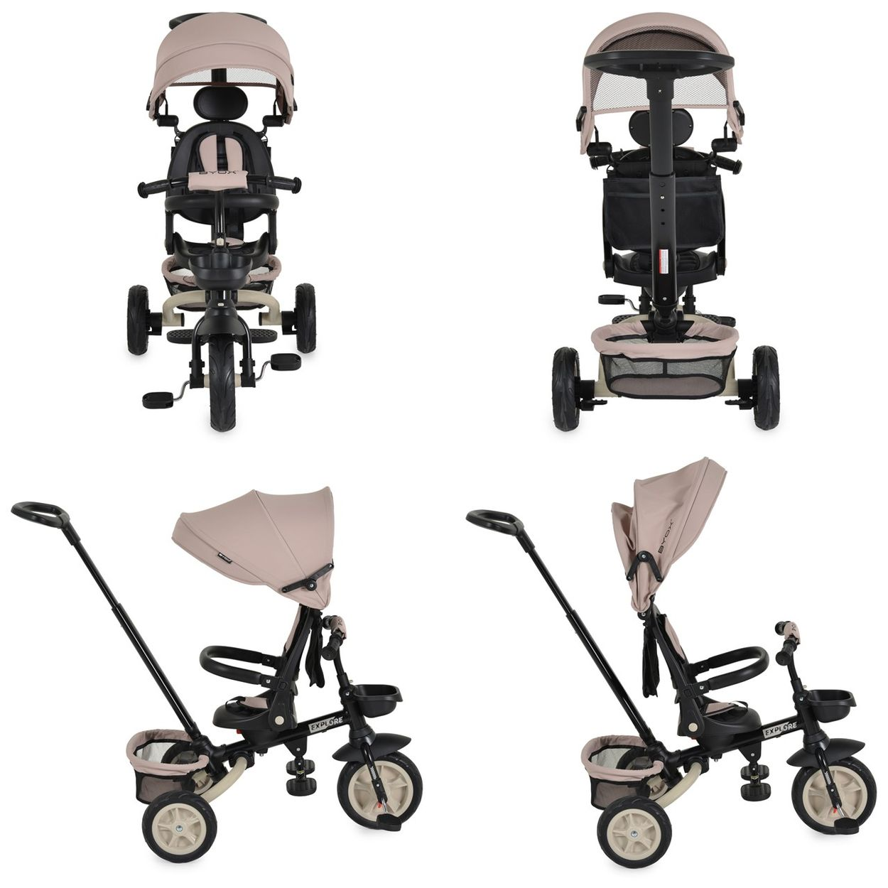 Beiger Dreirad-Kinderwagen mit Verdeck, Griff und Körben.