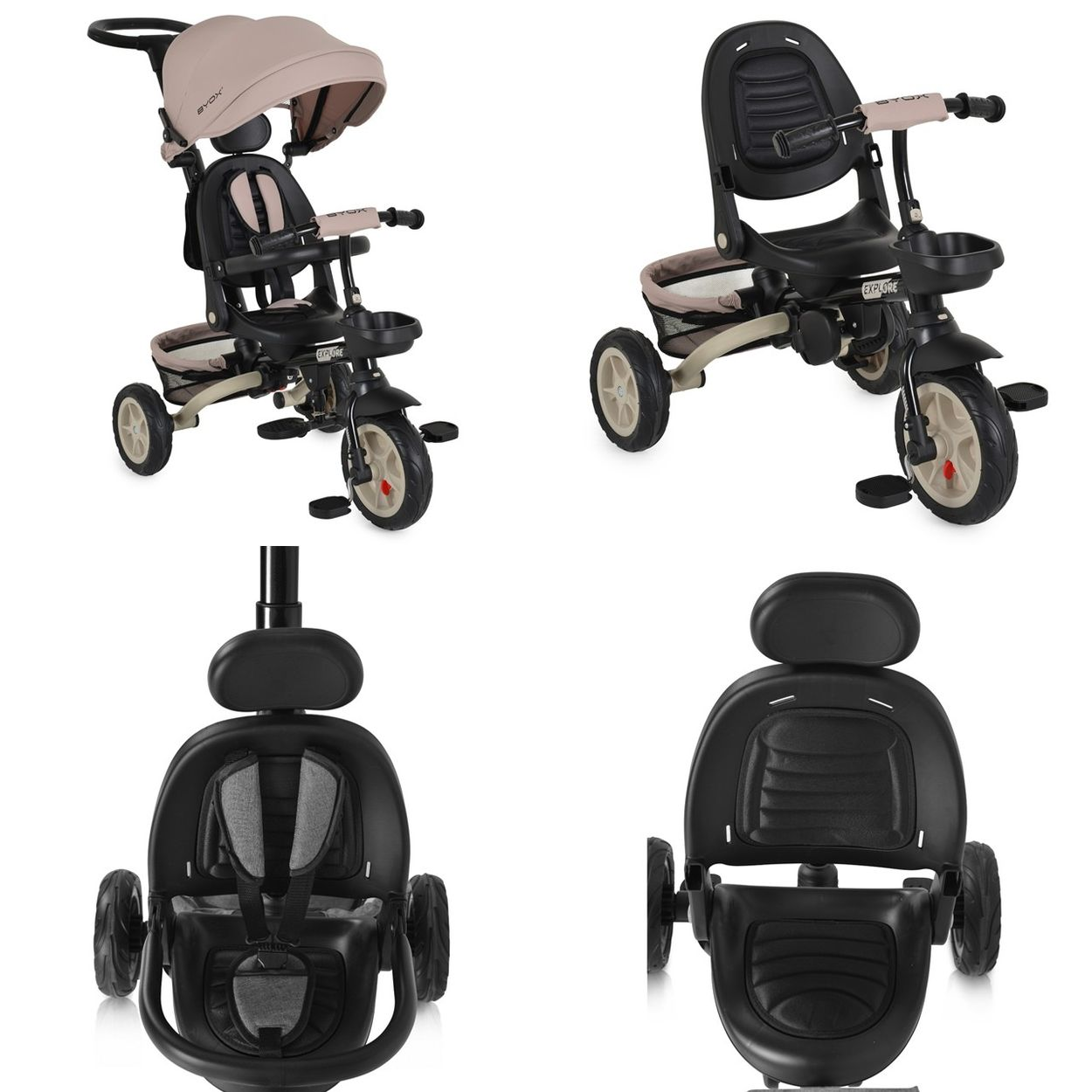 Ein schwarzer Dreirad-Kinderwagen mit beige Verdeck und Sitz.