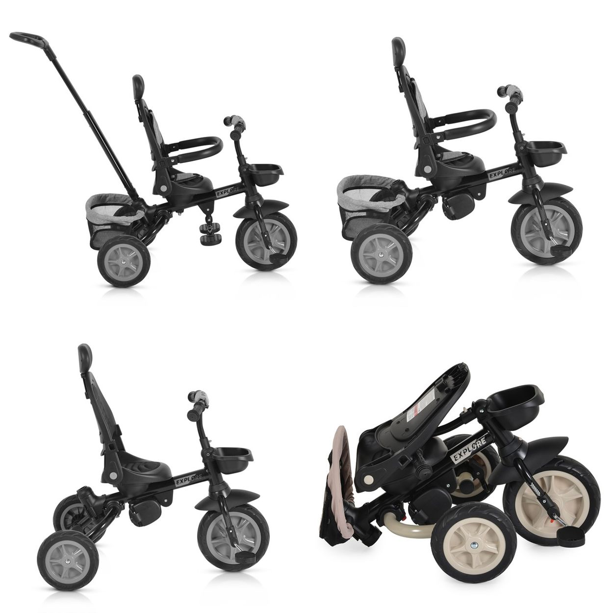 Ein schwarzer Dreirad-Kinderwagen mit Schubstange, Sitz und Korb.