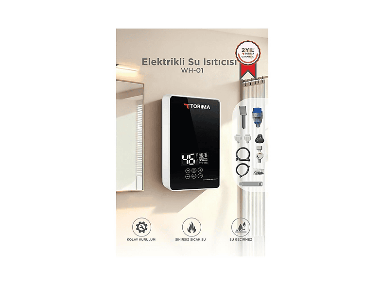 TORIMA WH01 Elektrikli Su Isıtıcı 7000 W Banyo Mutfak Tipi Duvara Monte Su Isıtıcısı Şofben Siyah