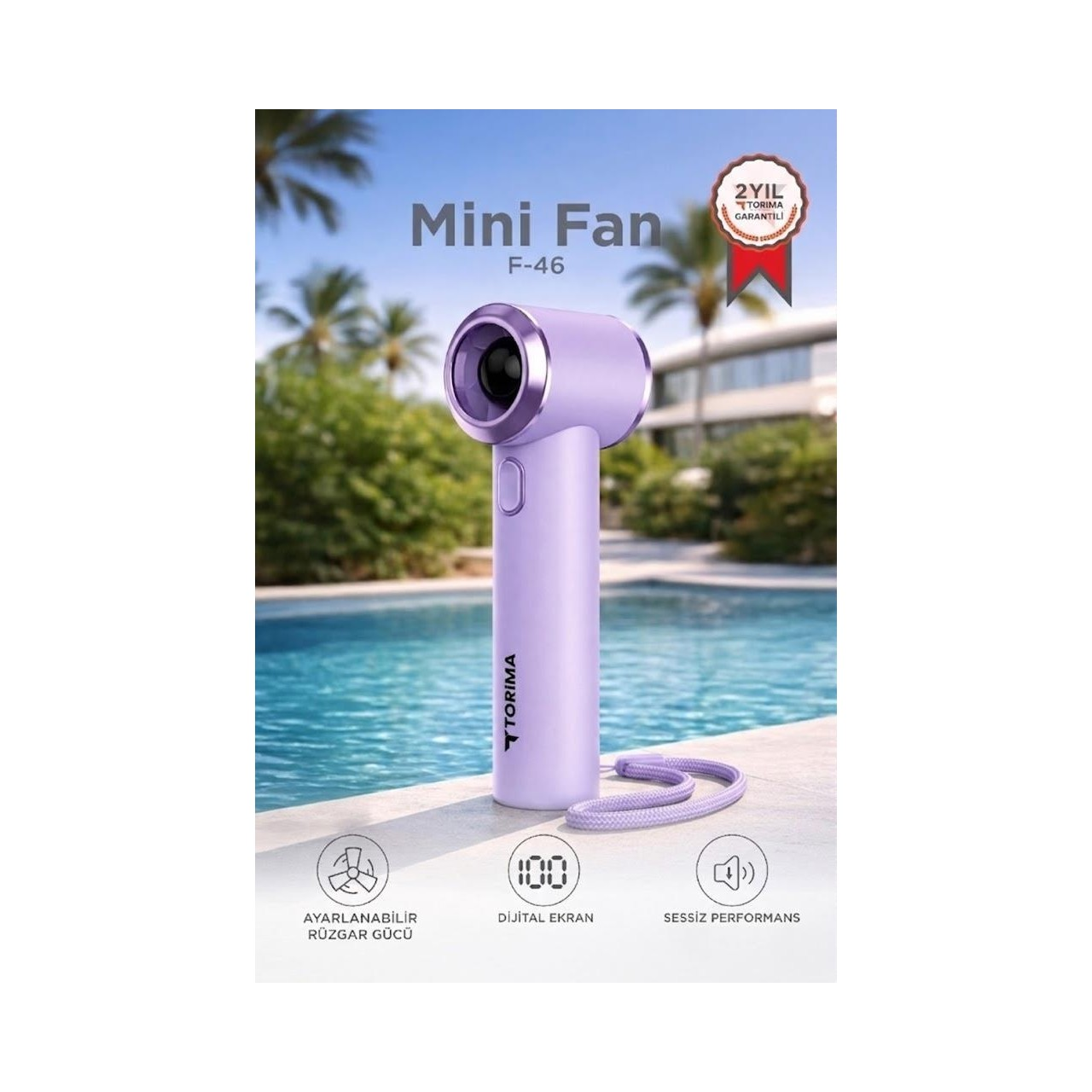 TORIMA F46 Dijital Göstergeli 5 Kademeli Turbo Mini Fan Şarjlı El Vantilatörü Mor