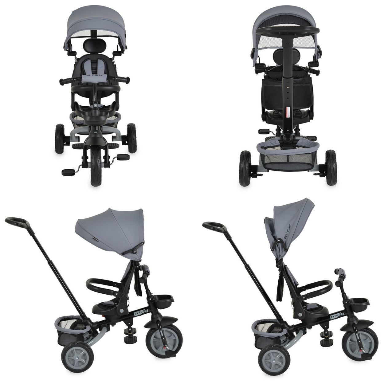 Grauer Kinderdreirad mit Schiebestange, Verdeck und Korb.
