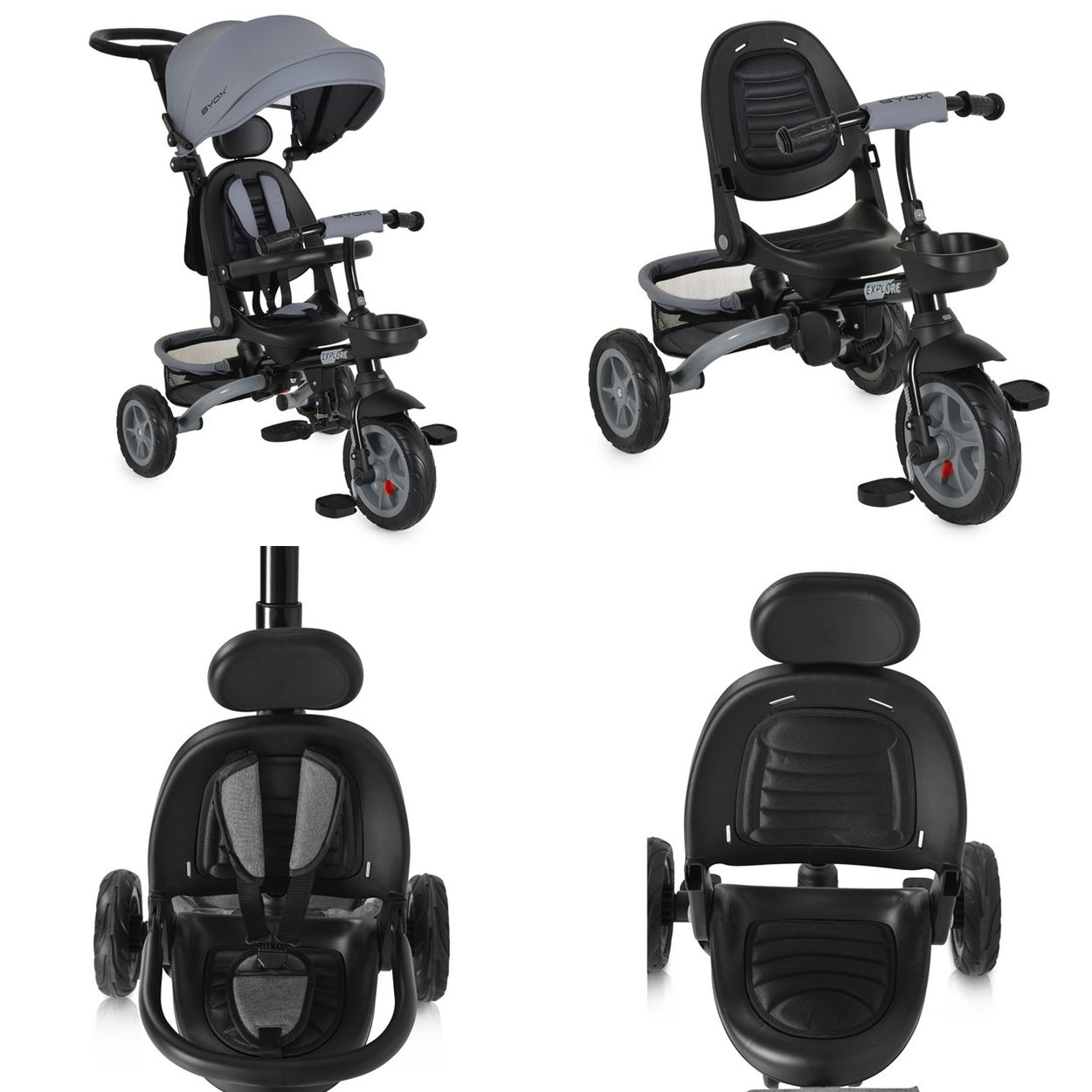 Ein schwarzer und grauer Dreirad-Kinderwagen mit Baldachin, Sitz und Körben.