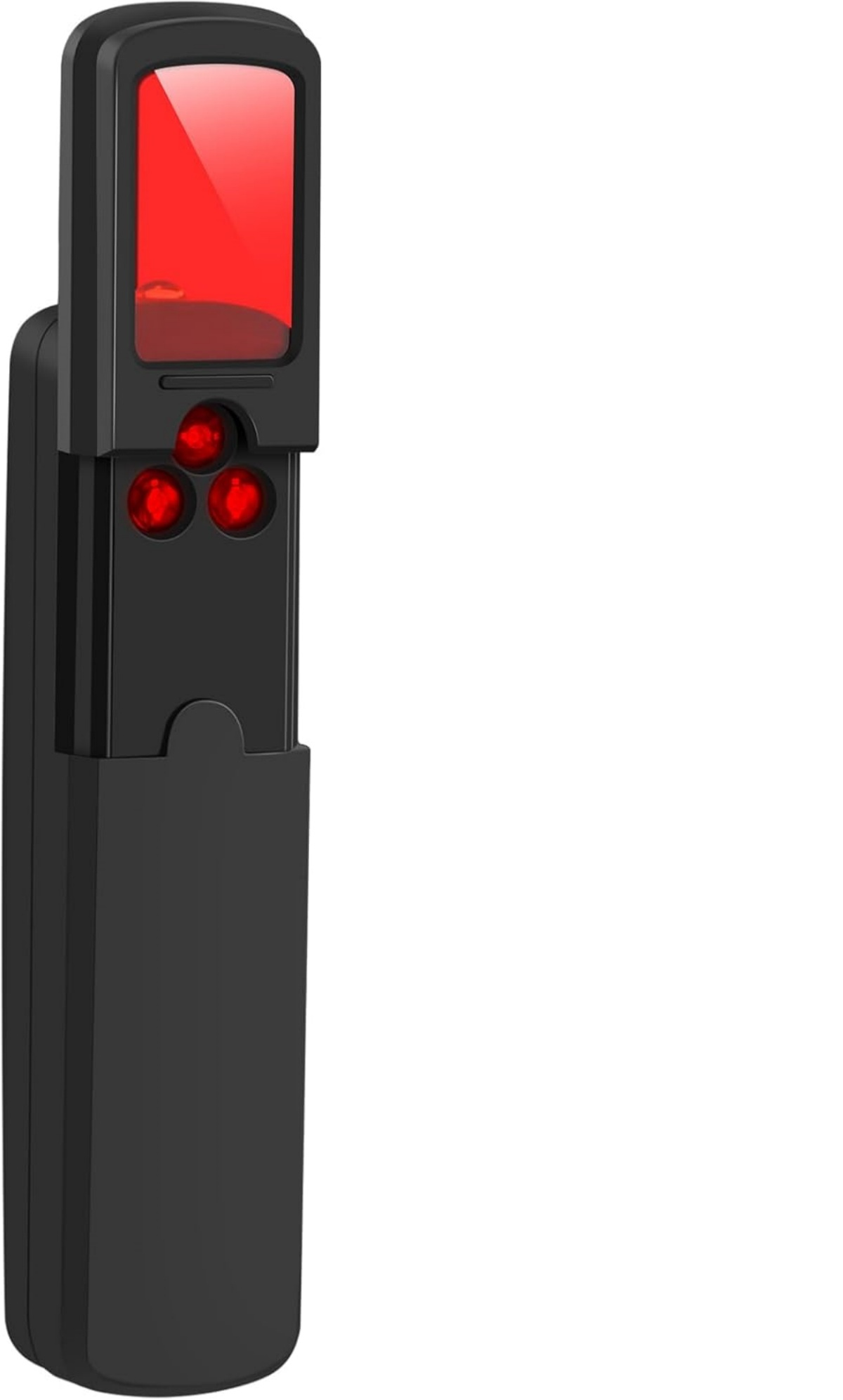 Schwarzer Handheld-Detektor mit rotem Bildschirm und drei roten Lichtern.