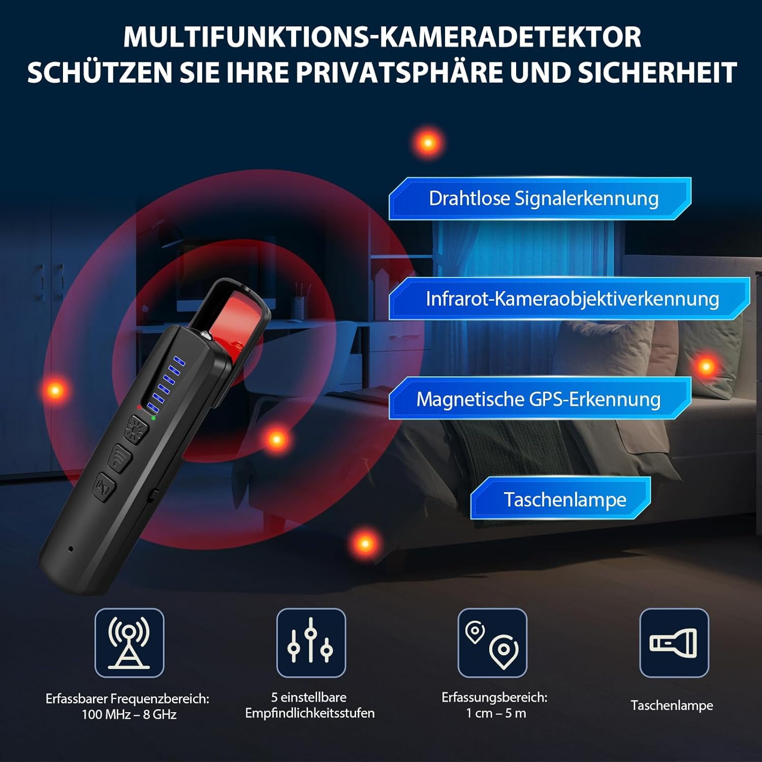 Multifunktions-Kameradetektor mit verschiedenen Erkennungsmodi und Funktionen.