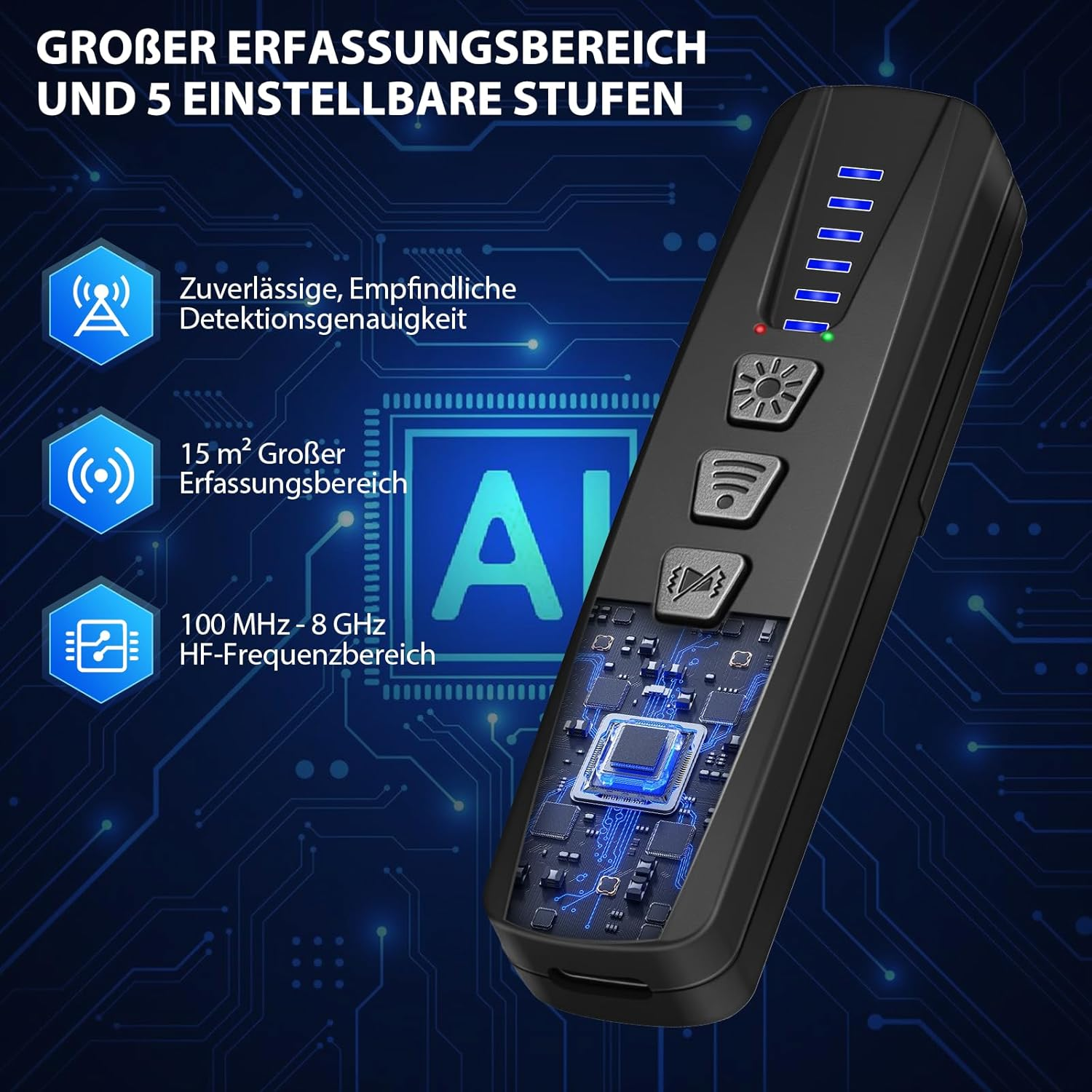 Ein schwarzes Gerät mit Tasten und LEDs auf einem blauen Hintergrund mit Schaltkreisen.