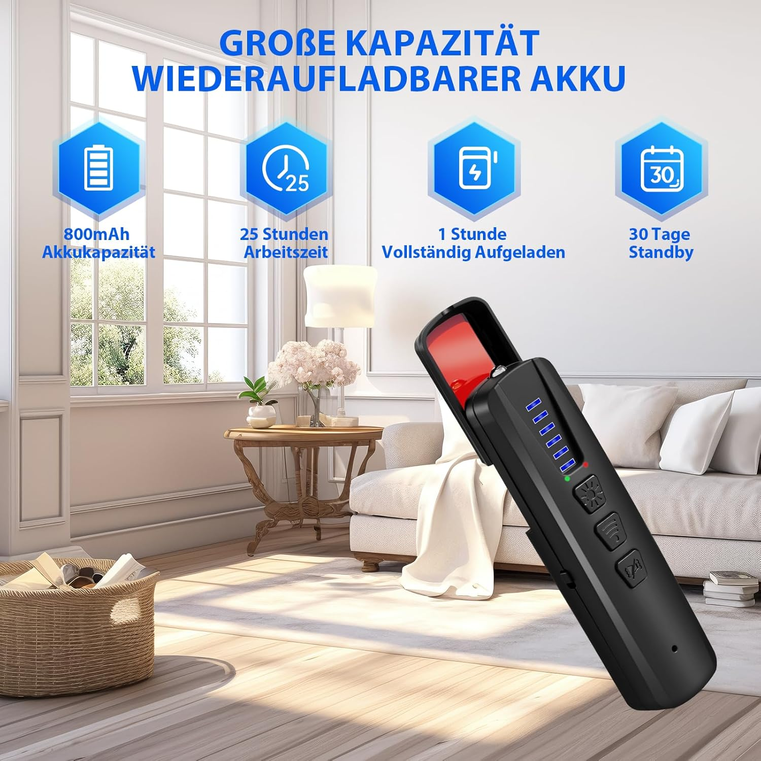 Schwarzes Gerät mit Ladeanzeige und Icons für Akku, Zeit und Kalender.