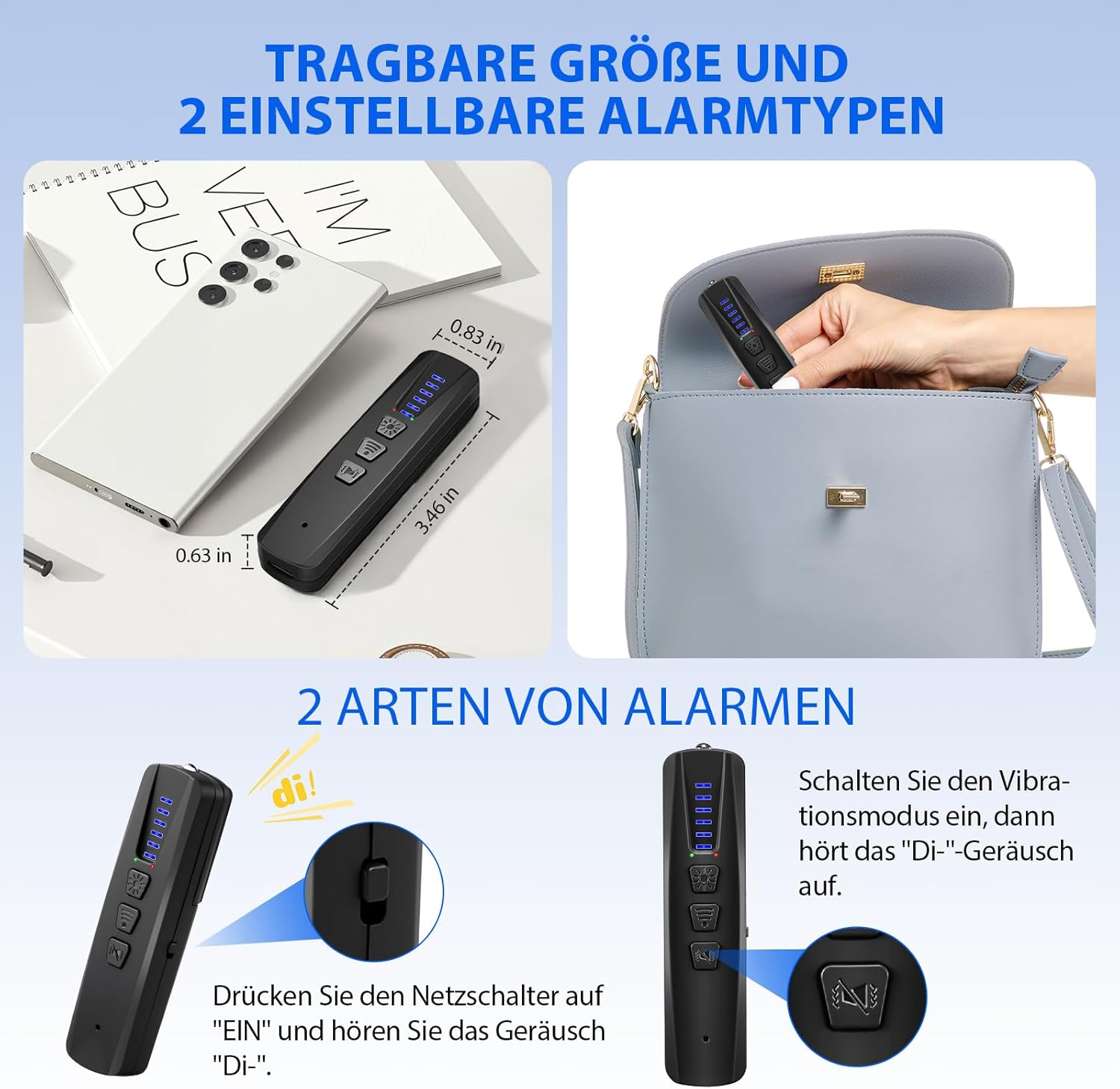 Tragbarer Alarm mit 2 Modi: Nahaufnahme zeigt Größe und Platzierung in einer Handtasche.