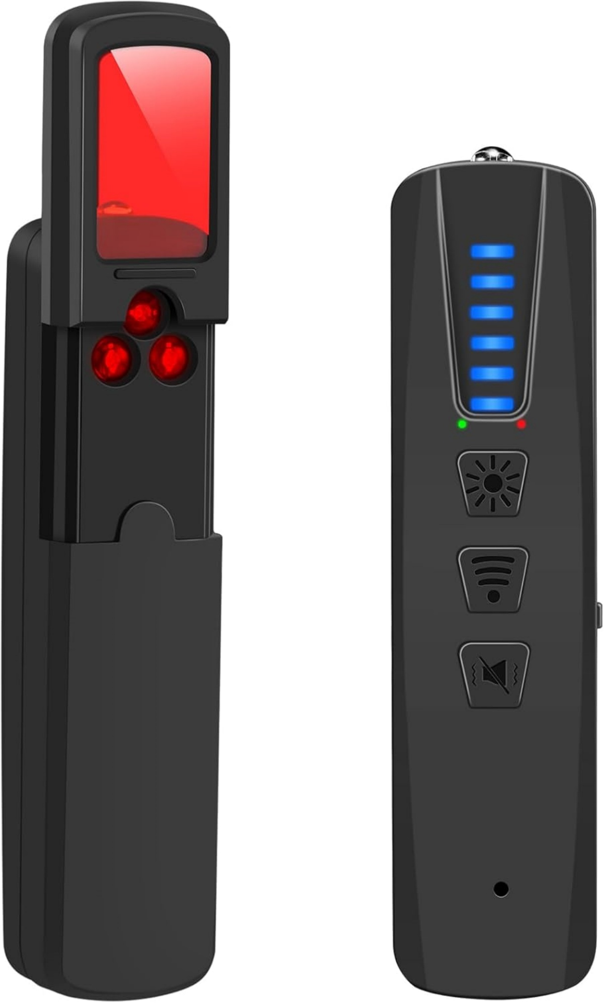 Zwei schwarze elektronische Geräte. Links: Detektor mit rotem Bildschirm u. Lichtern. Rechts: Gerät mit blauen Lichtern u. Tasten.