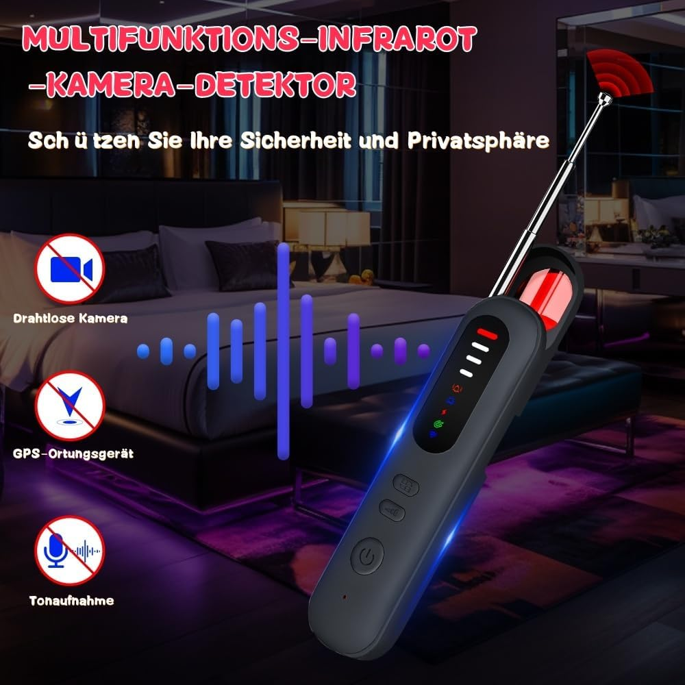 Ein Infrarot-Kameradetektor in einem Schlafzimmer, der drahtlose Kameras, GPS und Tonaufnahmen erkennt.