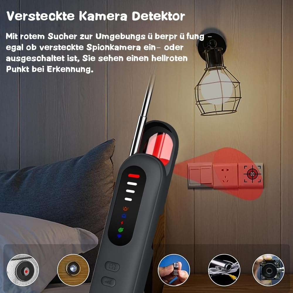 Ein versteckter Kamera-Detektor mit rotem Sucher, der auf einen Lichtschalter zielt.