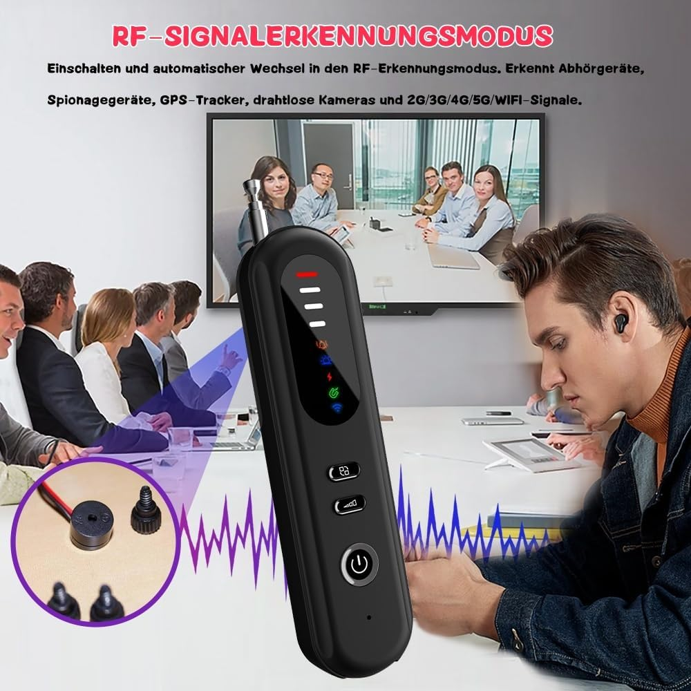 Ein Mann hält einen Signal-Detektor in einem Besprechungsraum mit Menschen.