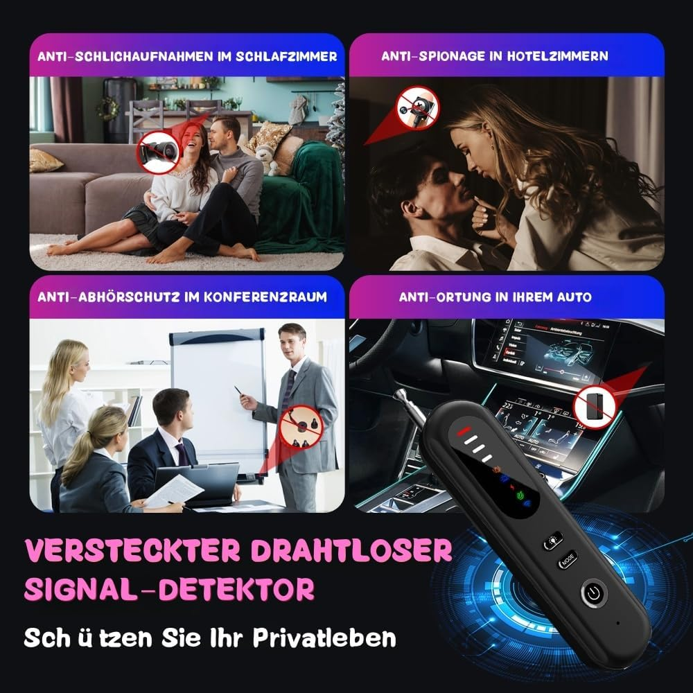 Vier Szenen zeigen die Anwendung eines Signaldetektors: Schlafzimmer, Hotel, Konferenzraum, Auto.