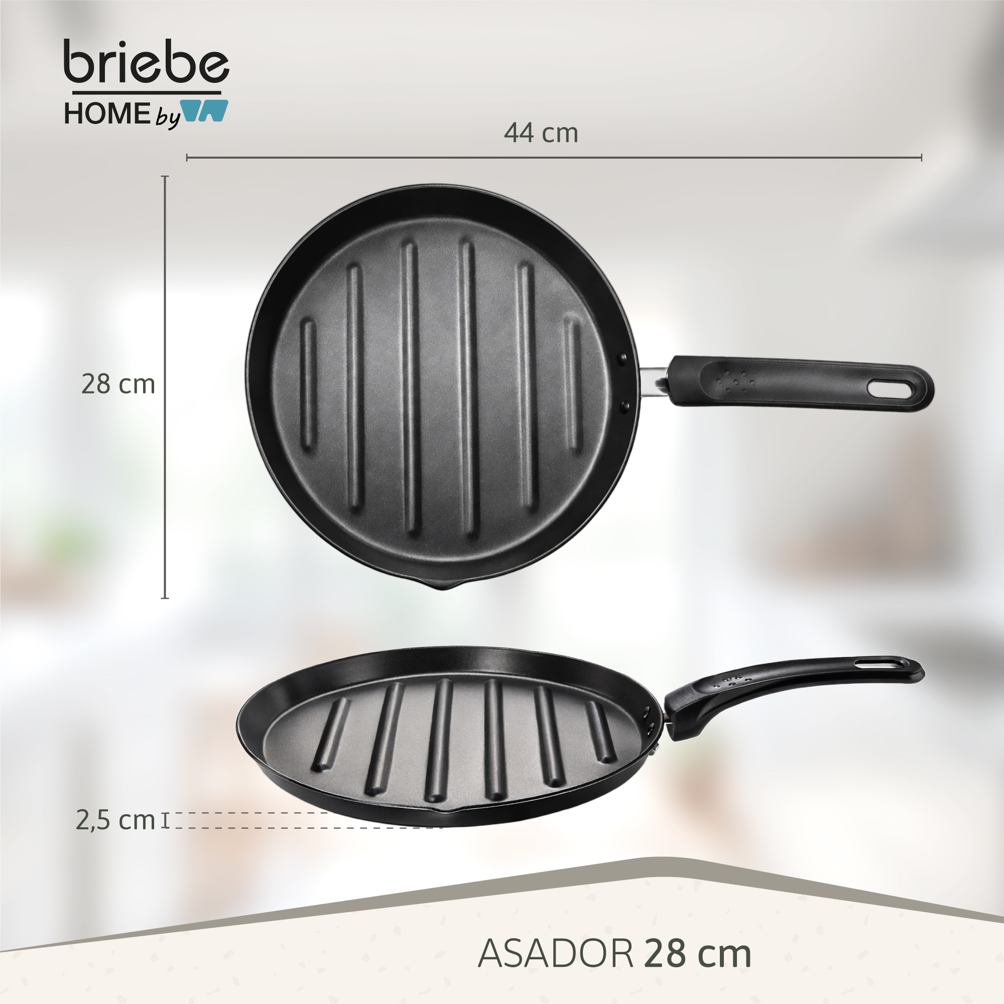 Schwarze Grillpfanne mit Rippenmuster und schwarzem Griff. Maße: 44x28 cm.