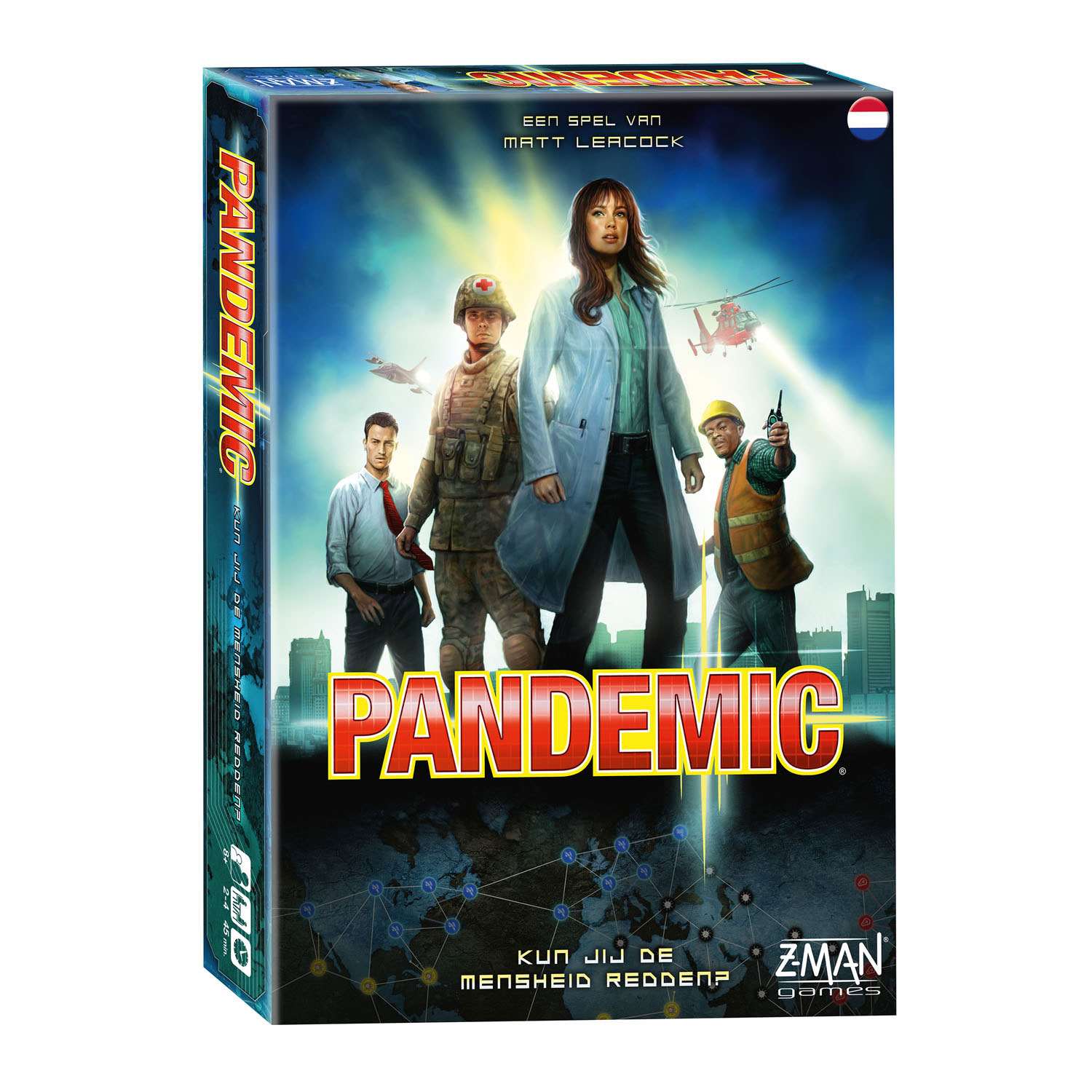 Bordspeldoos met vier figuren, helikopter en stadsgebouwen. "Pandemic" tekst in het Nederlands.