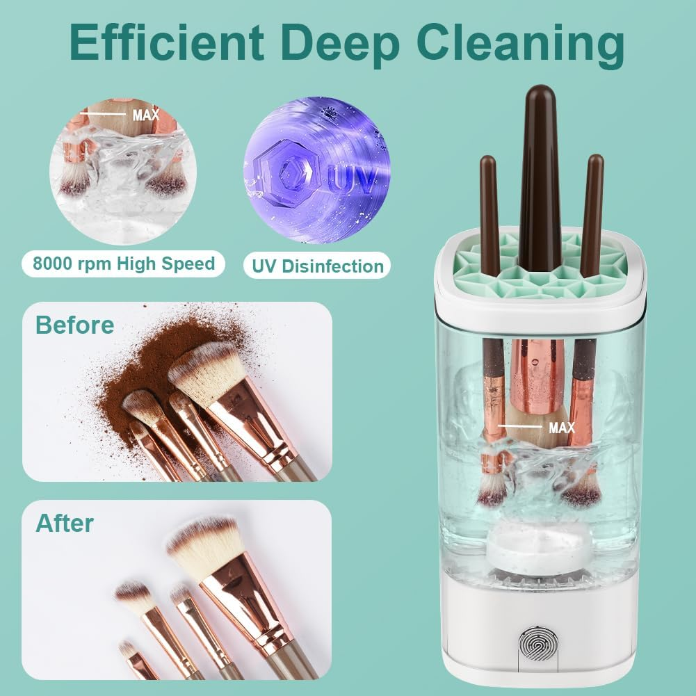 Vorher/Nachher-Vergleich von Make-up-Pinseln, die in einem Tiefenreiniger mit UV-Desinfektion gereinigt werden.
