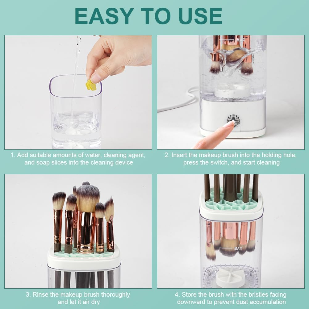 Schritt-für-Schritt-Anleitung zur Reinigung von Make-up-Pinseln mit einem automatischen Reiniger.