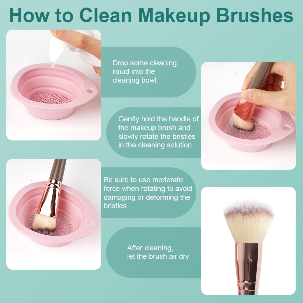Anleitung zur Reinigung von Make-up-Pinseln mit einem rosa Reinigungsnapf.