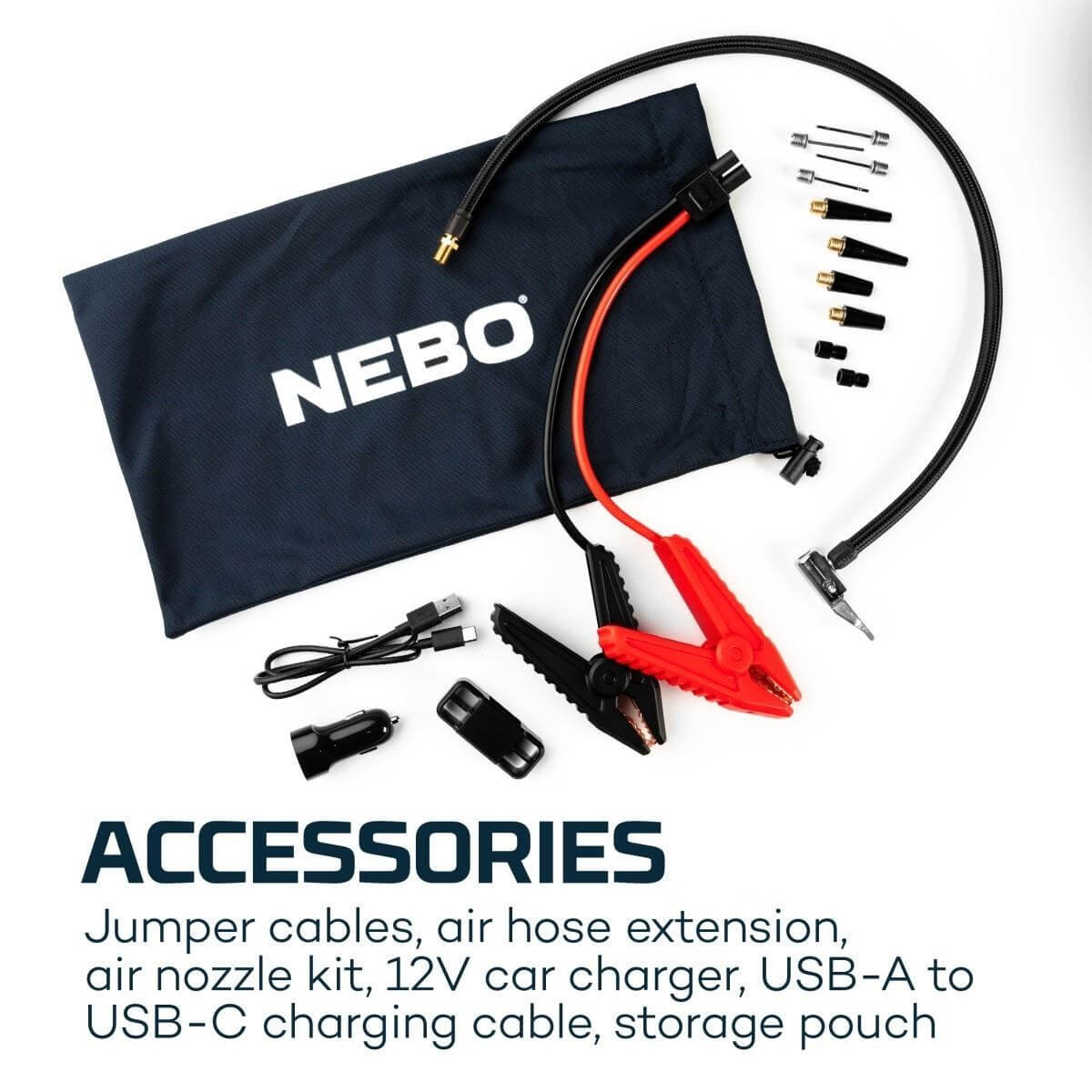 Accessoires : Câbles de démarrage, tuyau d'air, embouts, chargeur voiture 12V, câble USB-C, pochette.