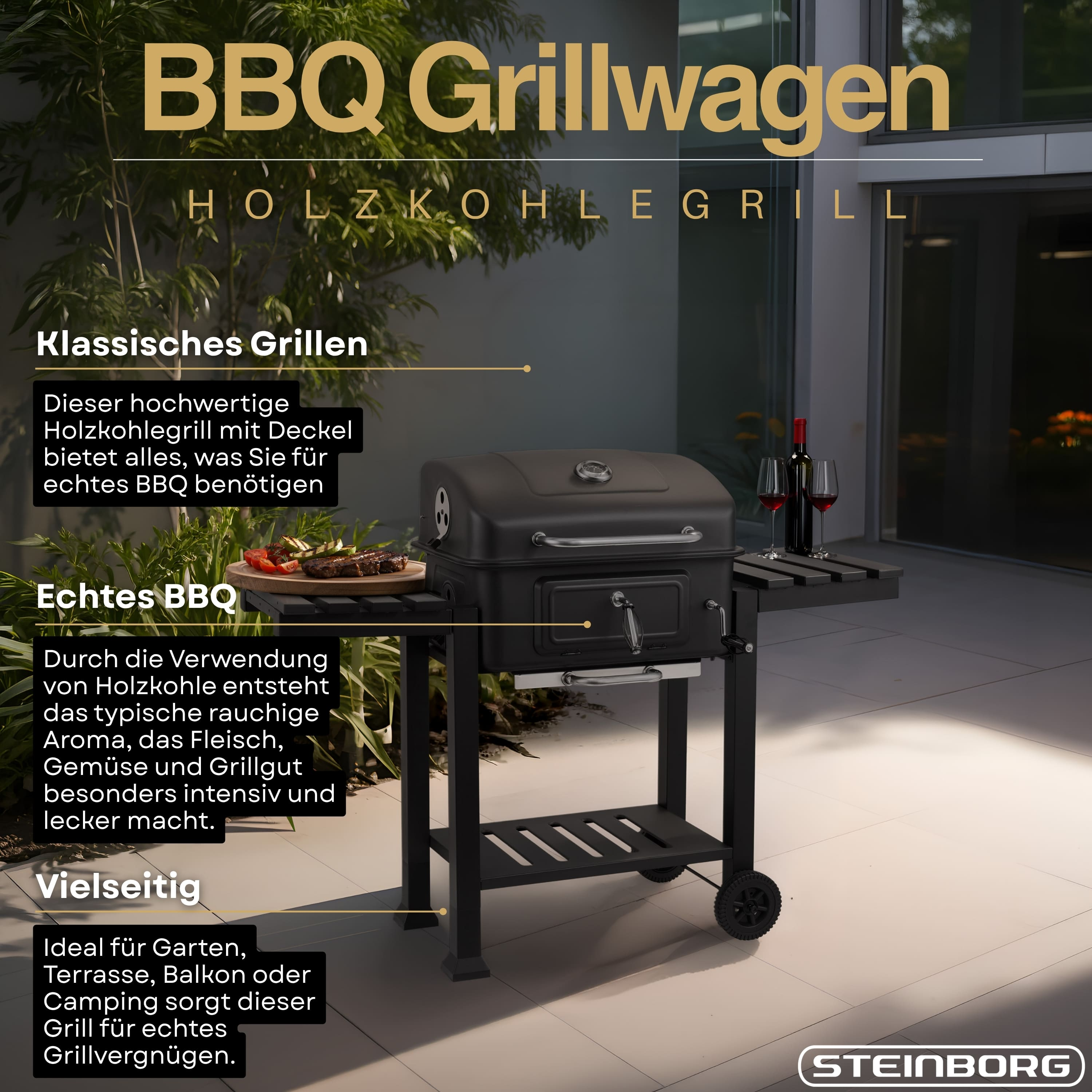 Ein schwarzer Holzkohlegrill mit zwei Weingläsern und einer Weinflasche daneben.