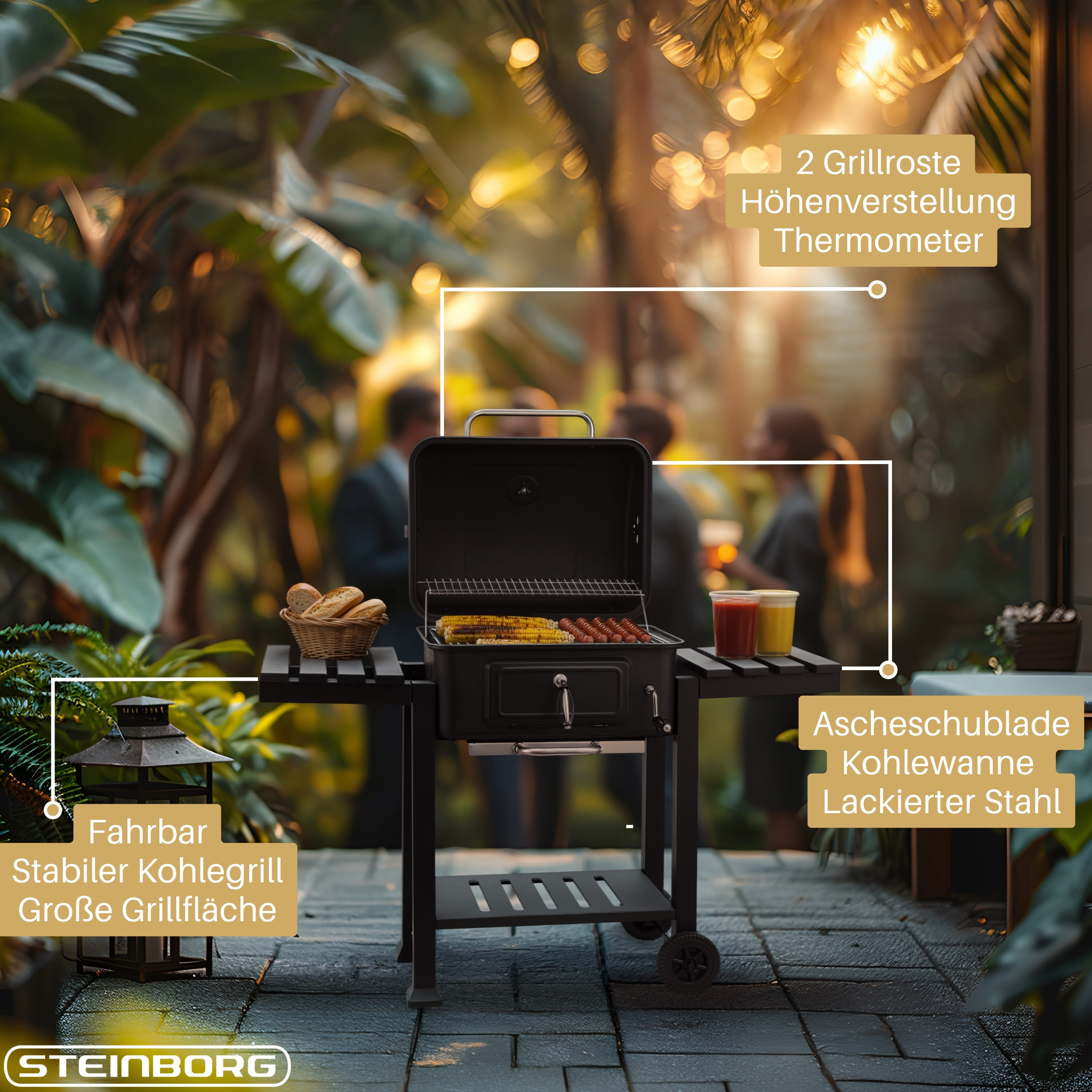 Ein schwarzer Grill mit Grillgut, daneben ein Brotkorb und zwei Soßen. Garten-Deko.