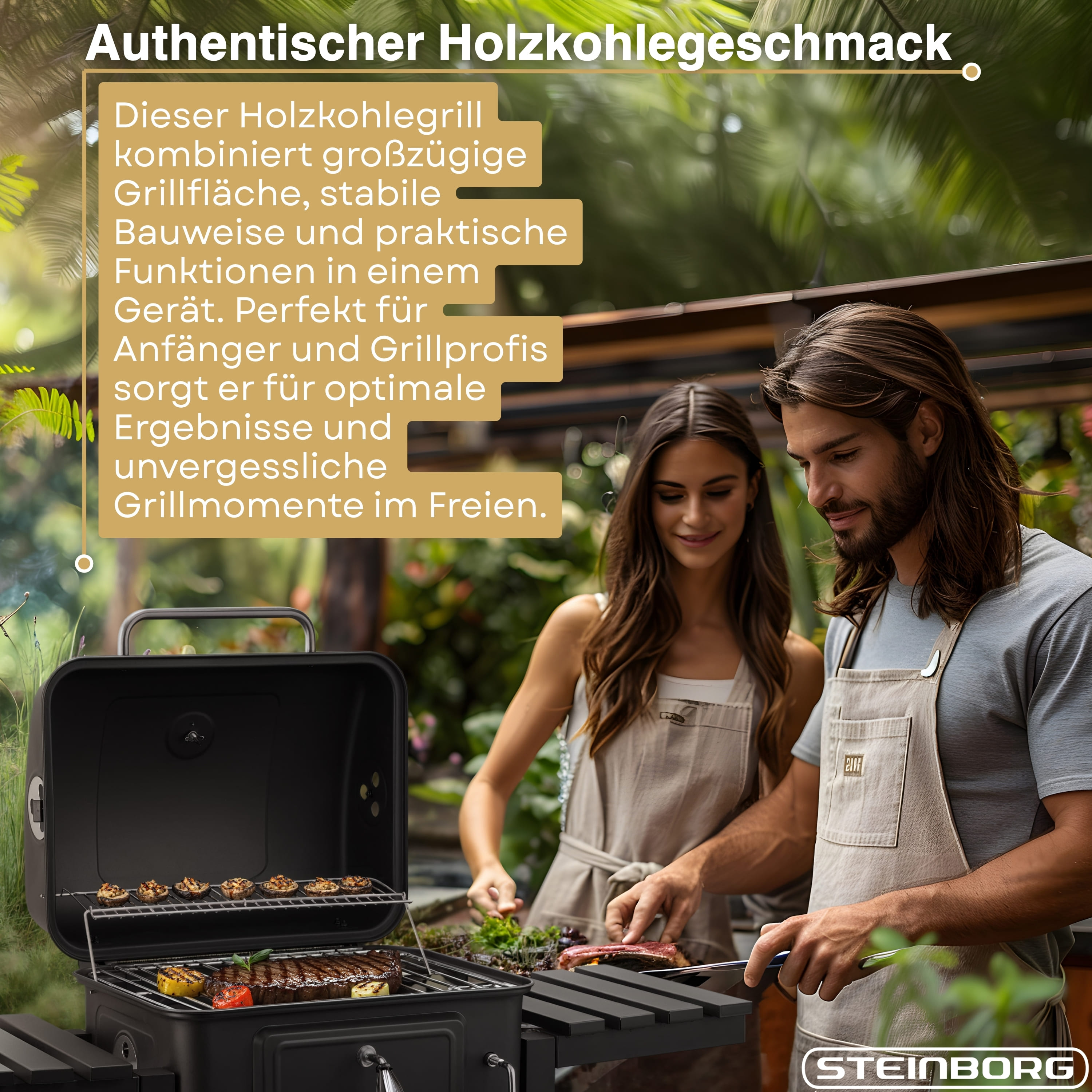 Mann und Frau grillen im Freien. Ein Holzkohlegrill mit Steak und Pilzen.