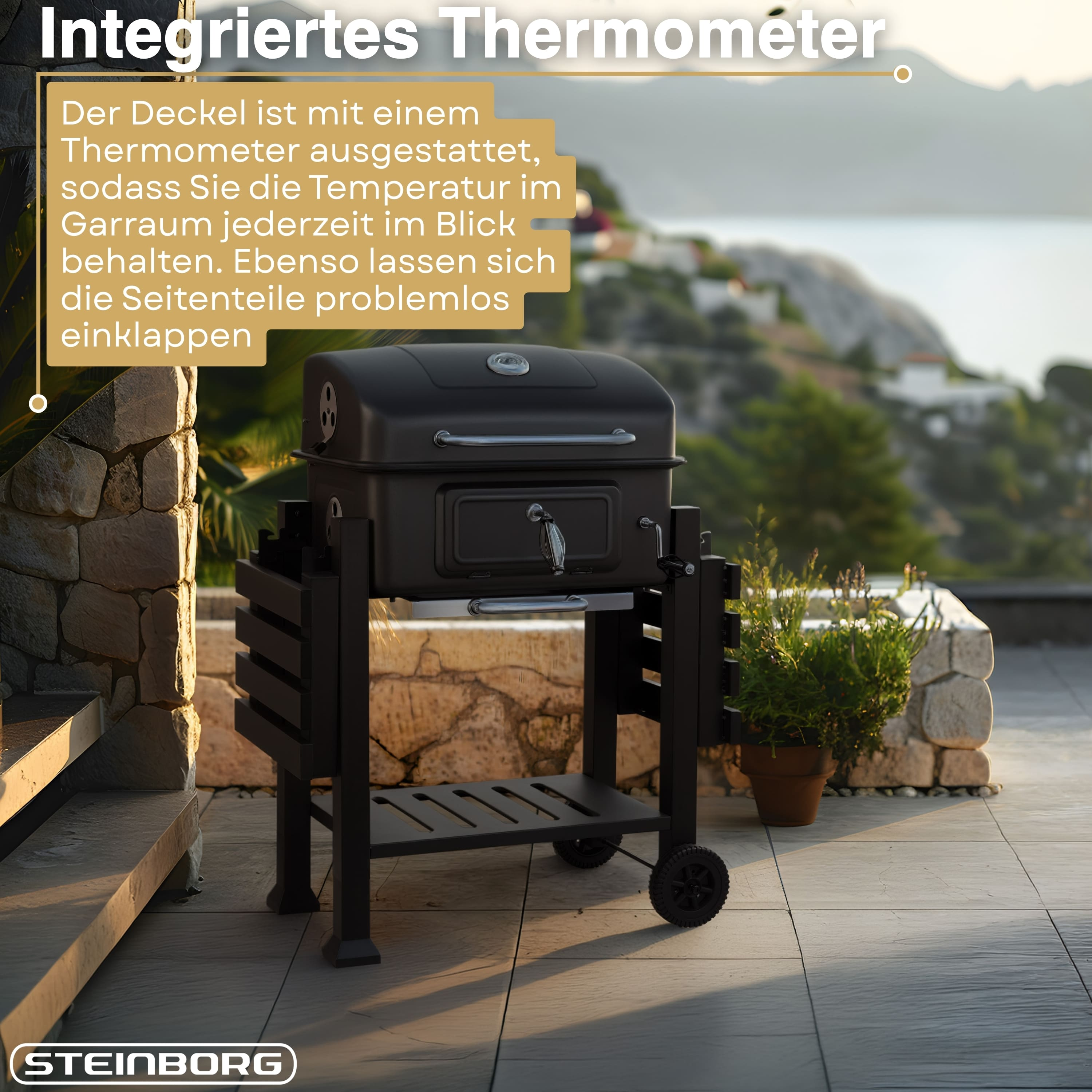 Ein schwarzer Grill mit integriertem Thermometer auf einer Terrasse.