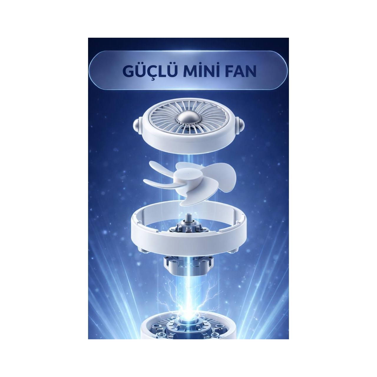 Mavi ışık efektli beyaz mini fanın patlatılmış görünümü.